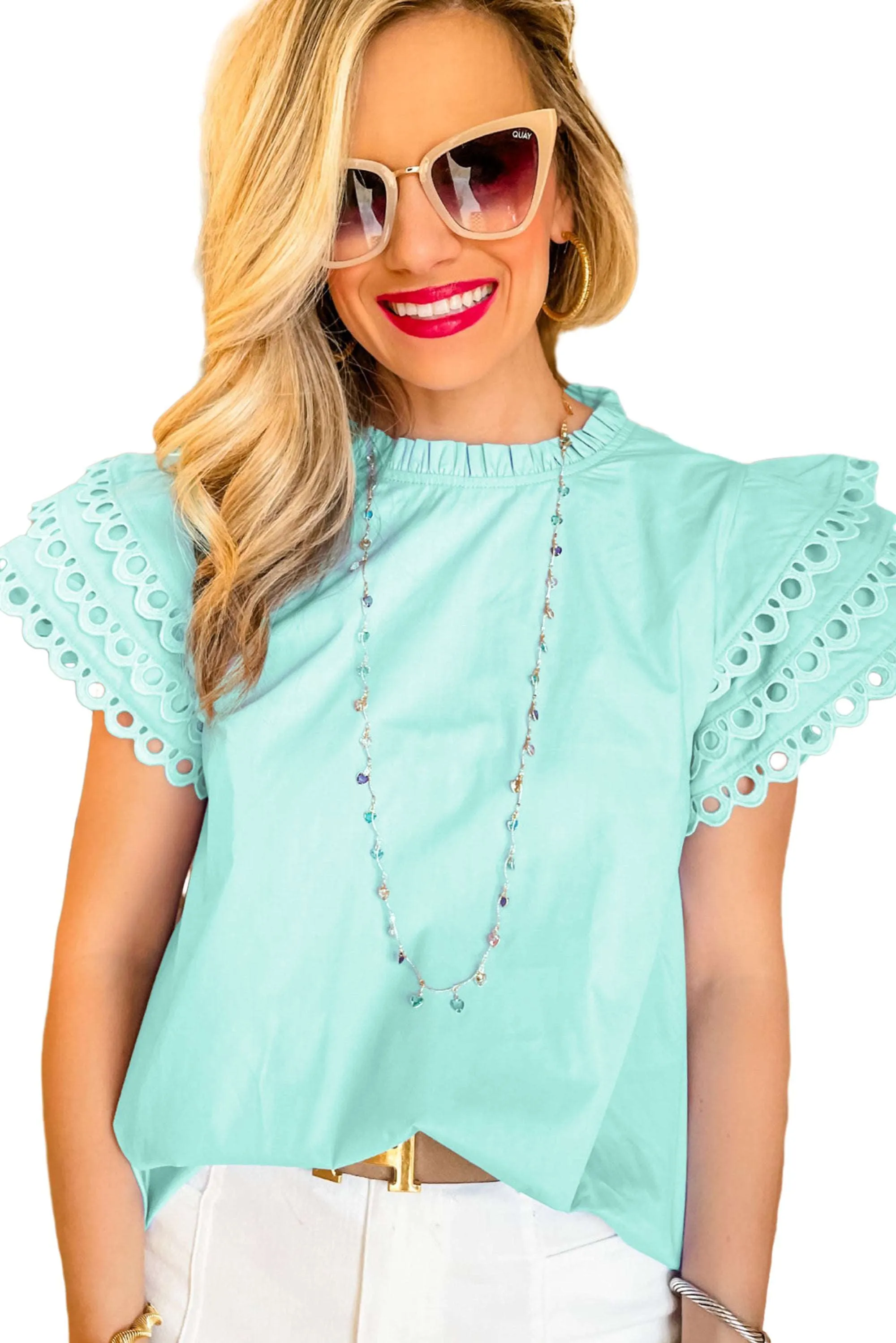 Beau Blue Layered Cap Sleeve Frill Neck Blouse