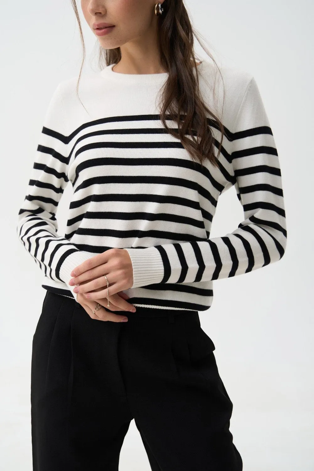 Black Striped Knit Sweater with a Crew Neck