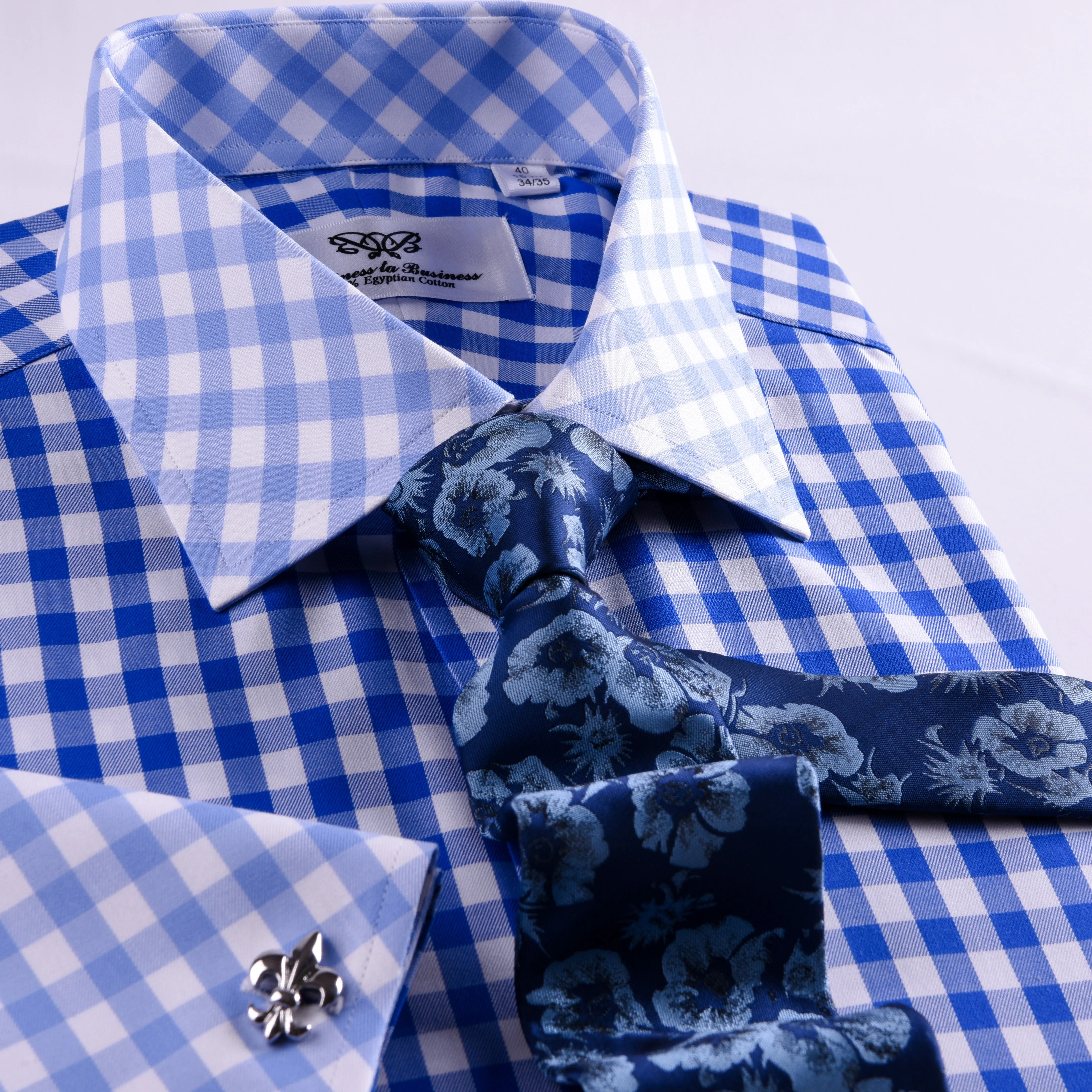 Blue Gingham Check Formal Business Dress Shirt Designer Checkered With Contrast Light Blue Collar And Cuffs