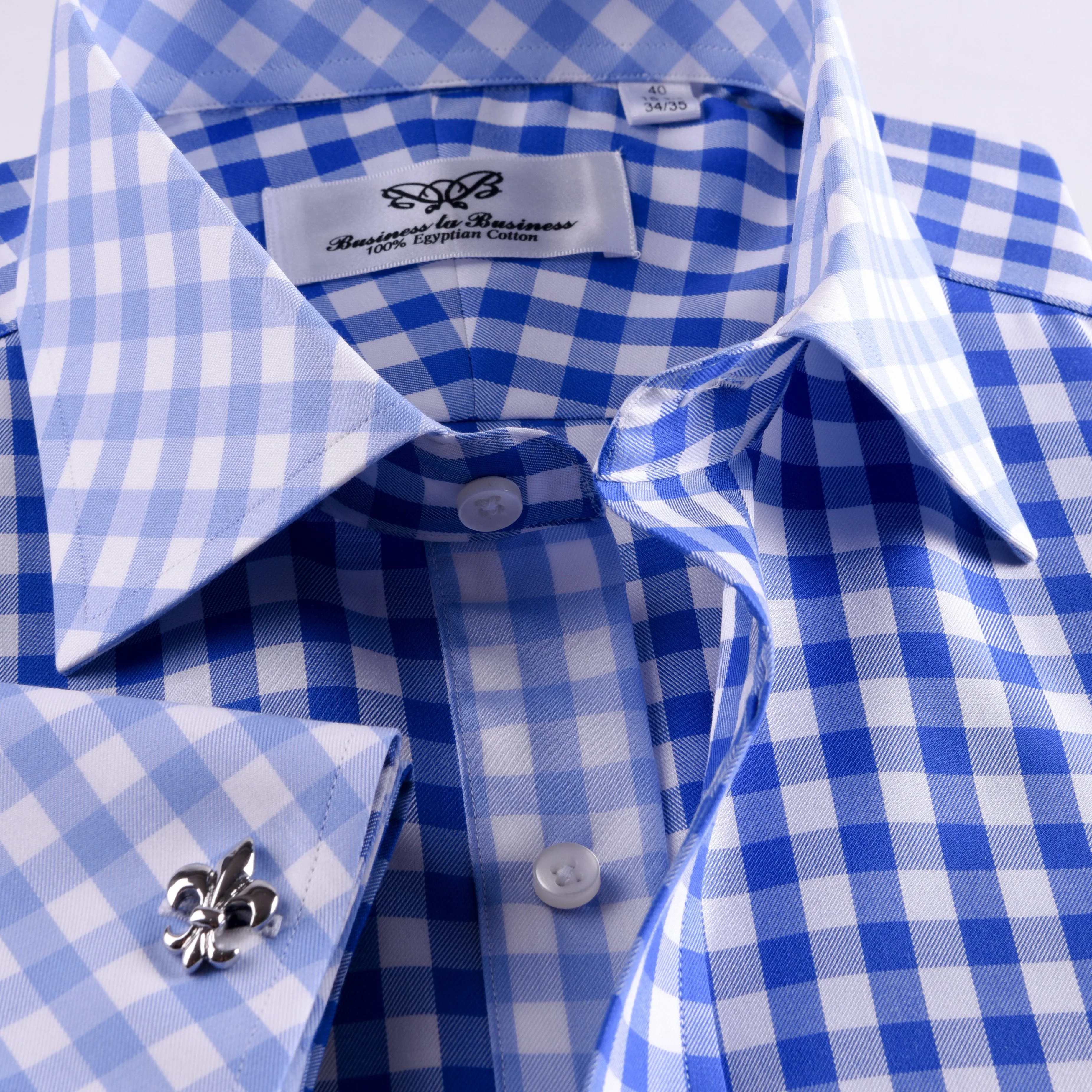 Blue Gingham Check Formal Business Dress Shirt Designer Checkered With Contrast Light Blue Collar And Cuffs