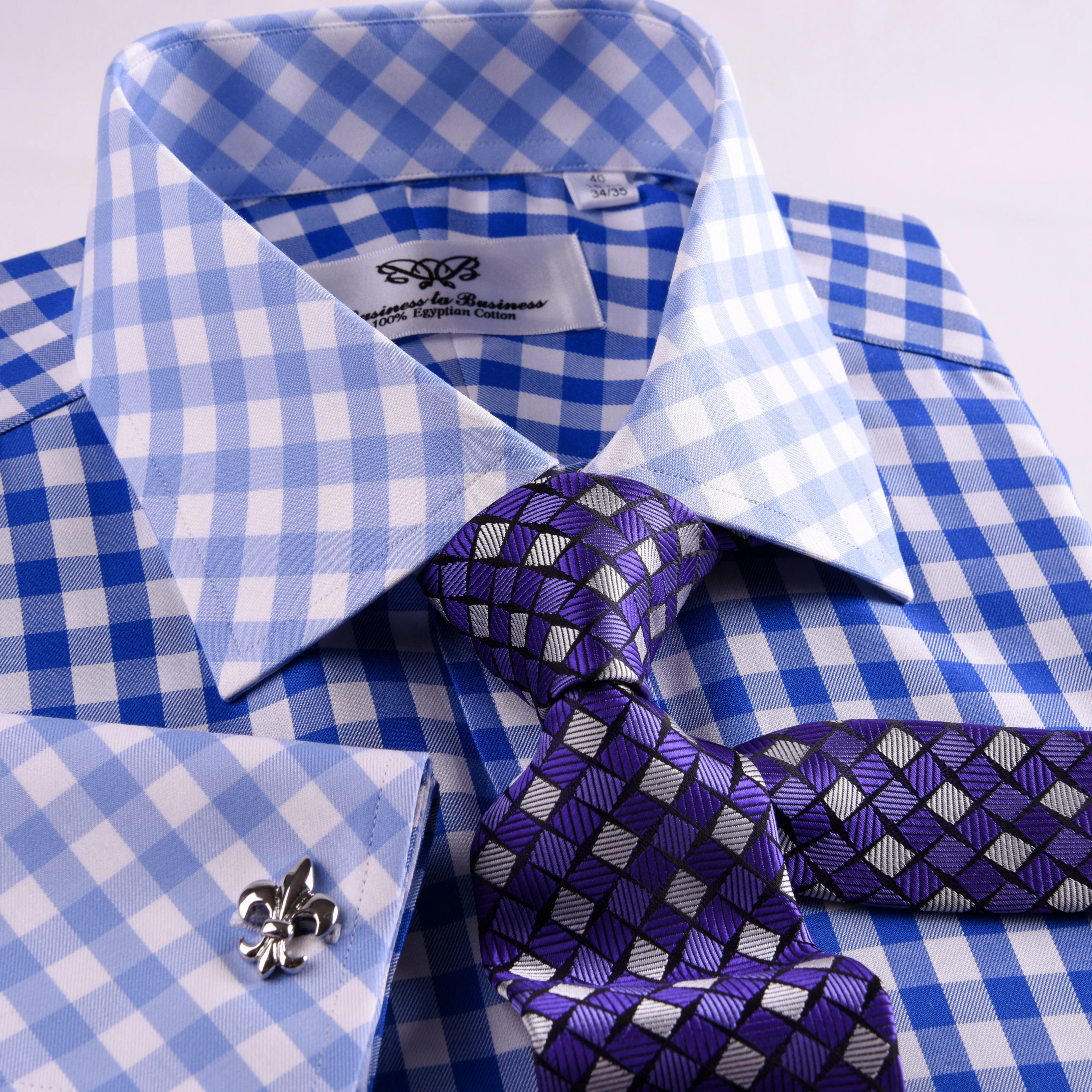 Blue Gingham Check Formal Business Dress Shirt Designer Checkered With Contrast Light Blue Collar And Cuffs