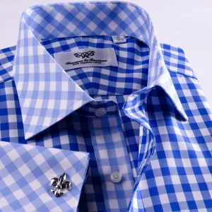 Blue Gingham Check Formal Business Dress Shirt Designer Checkered With Contrast Light Blue Collar And Cuffs