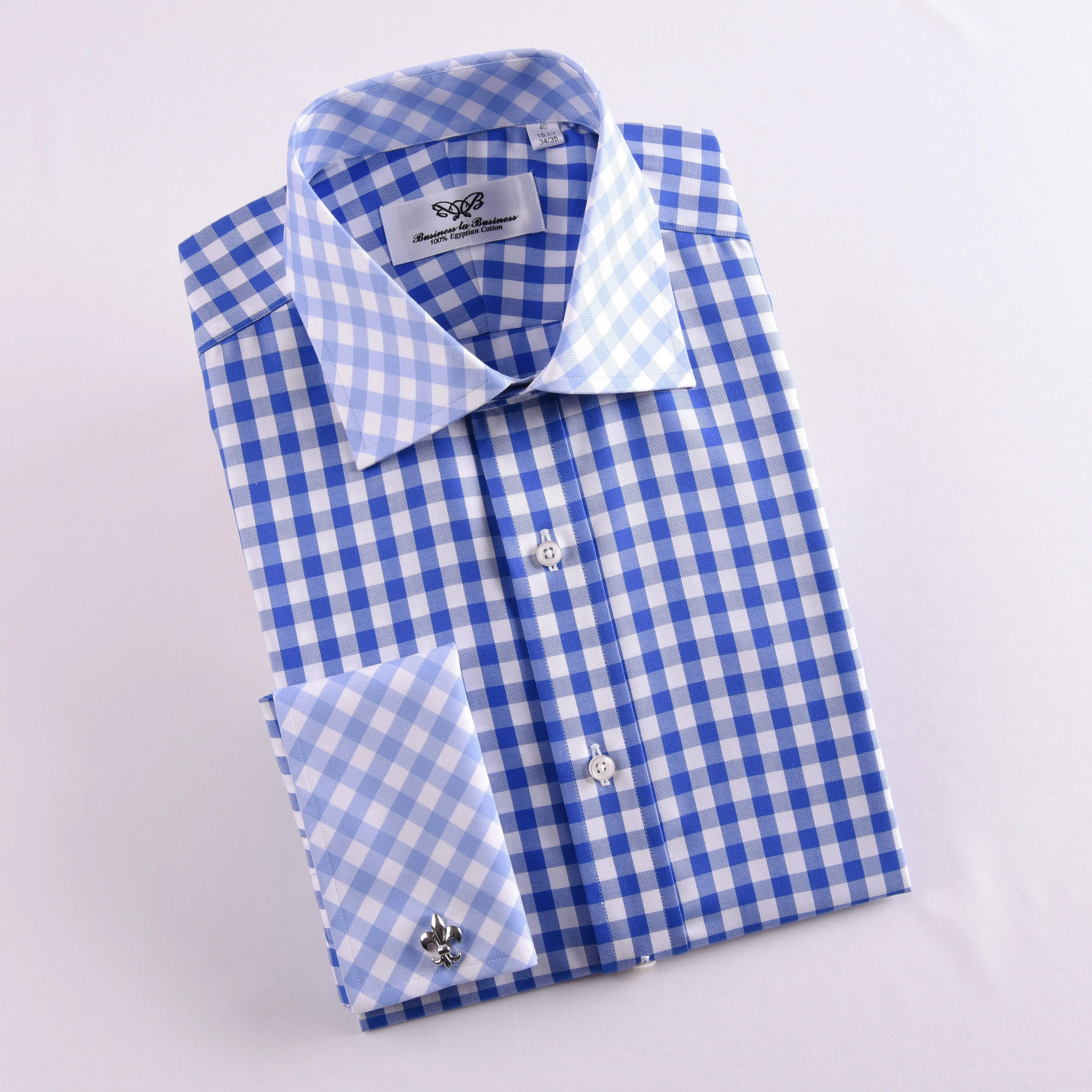 Blue Gingham Check Formal Business Dress Shirt Designer Checkered With Contrast Light Blue Collar And Cuffs