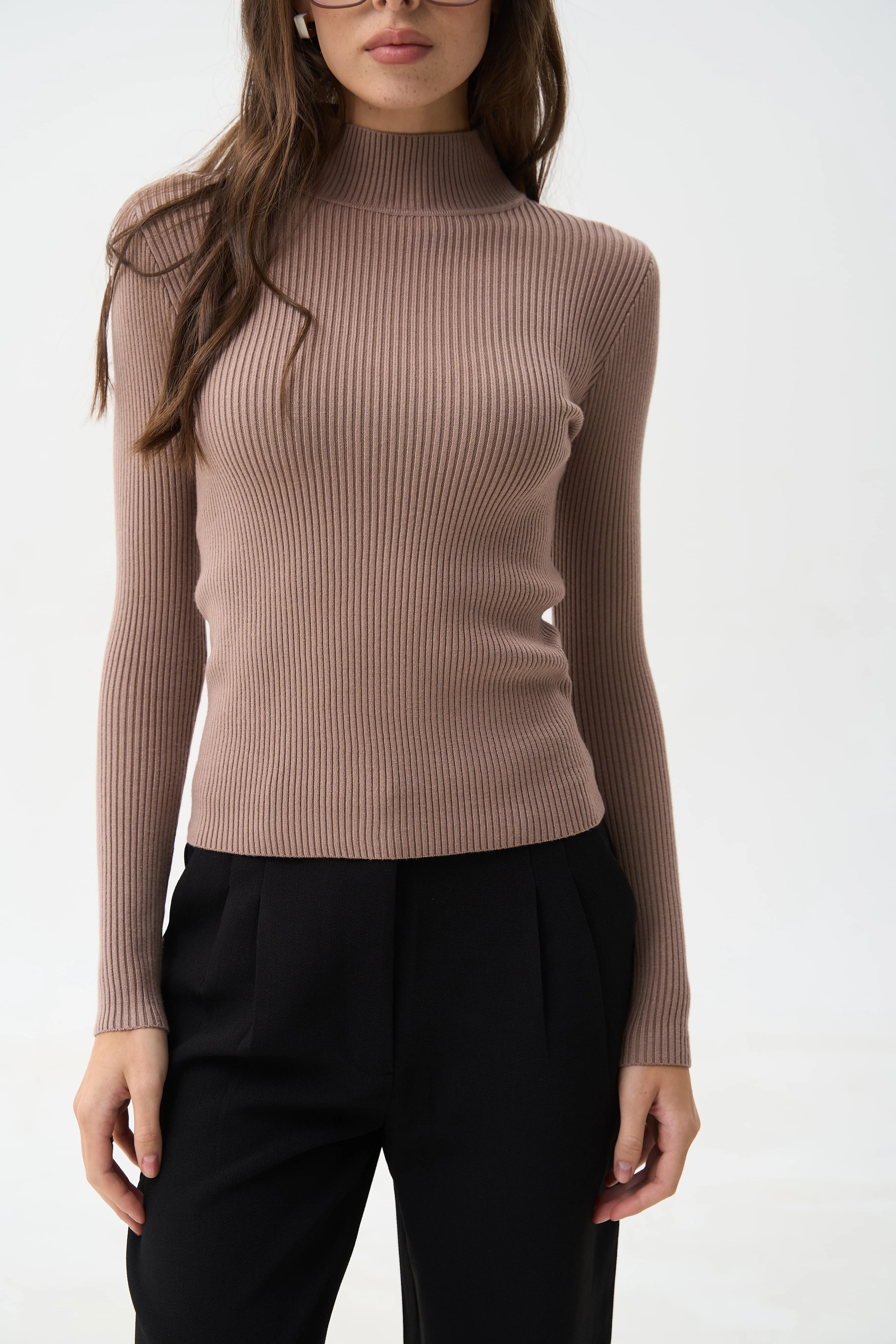 Brown Rib Knit Turtleneck Sweater