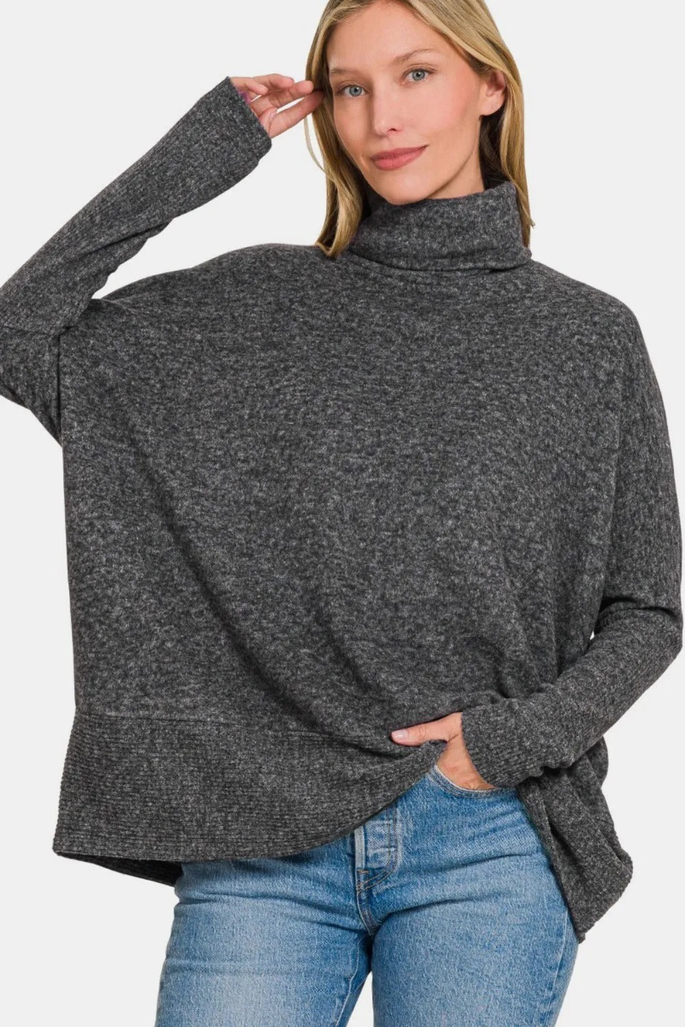 Brushed Melange Hacci Turtleneck Sweater - Black