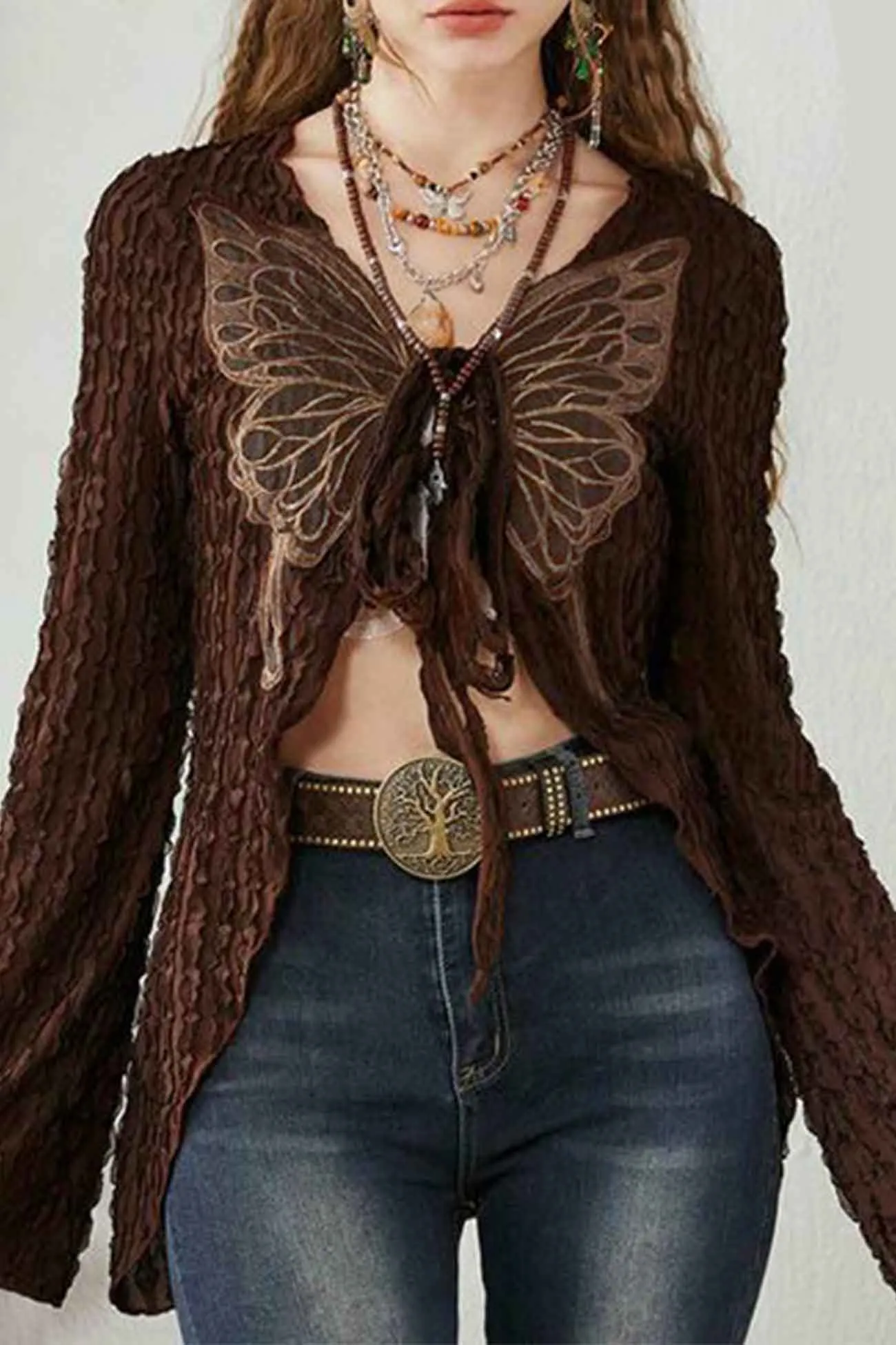 Butterfly Embroidered Tie Cardigan