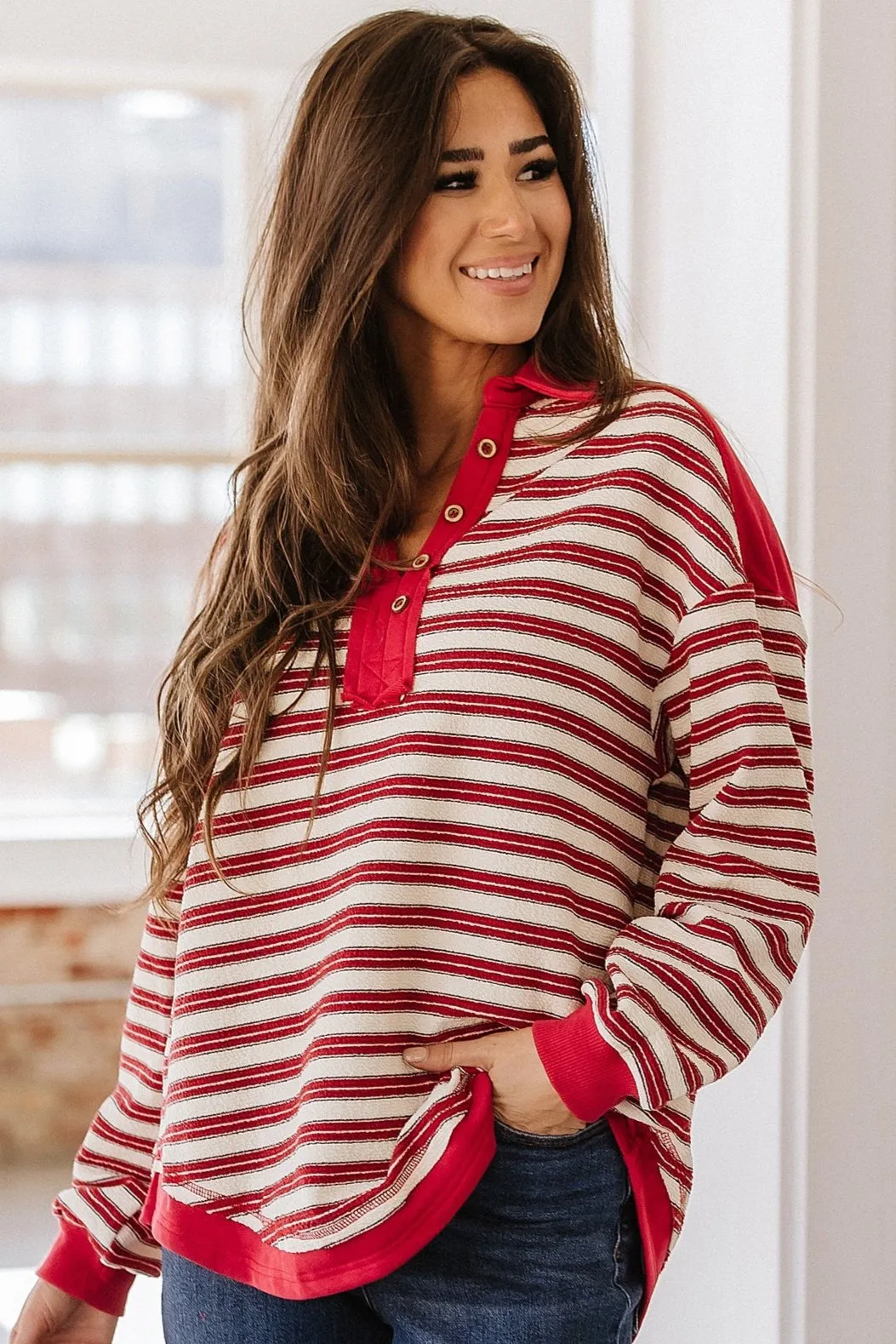 Calen Striped Collared V-Neck Top | S-XL