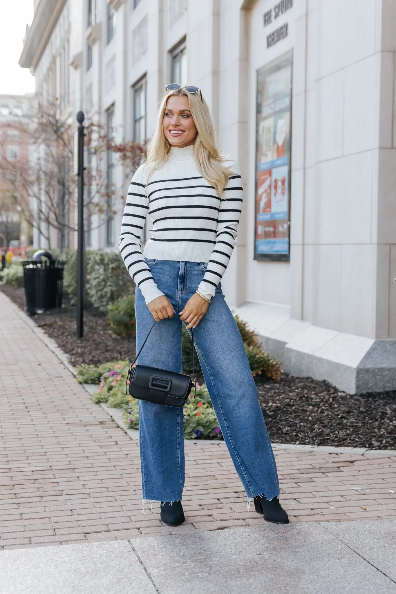 Cream and Black Striped Mock Neck Top - DOORBUSTER