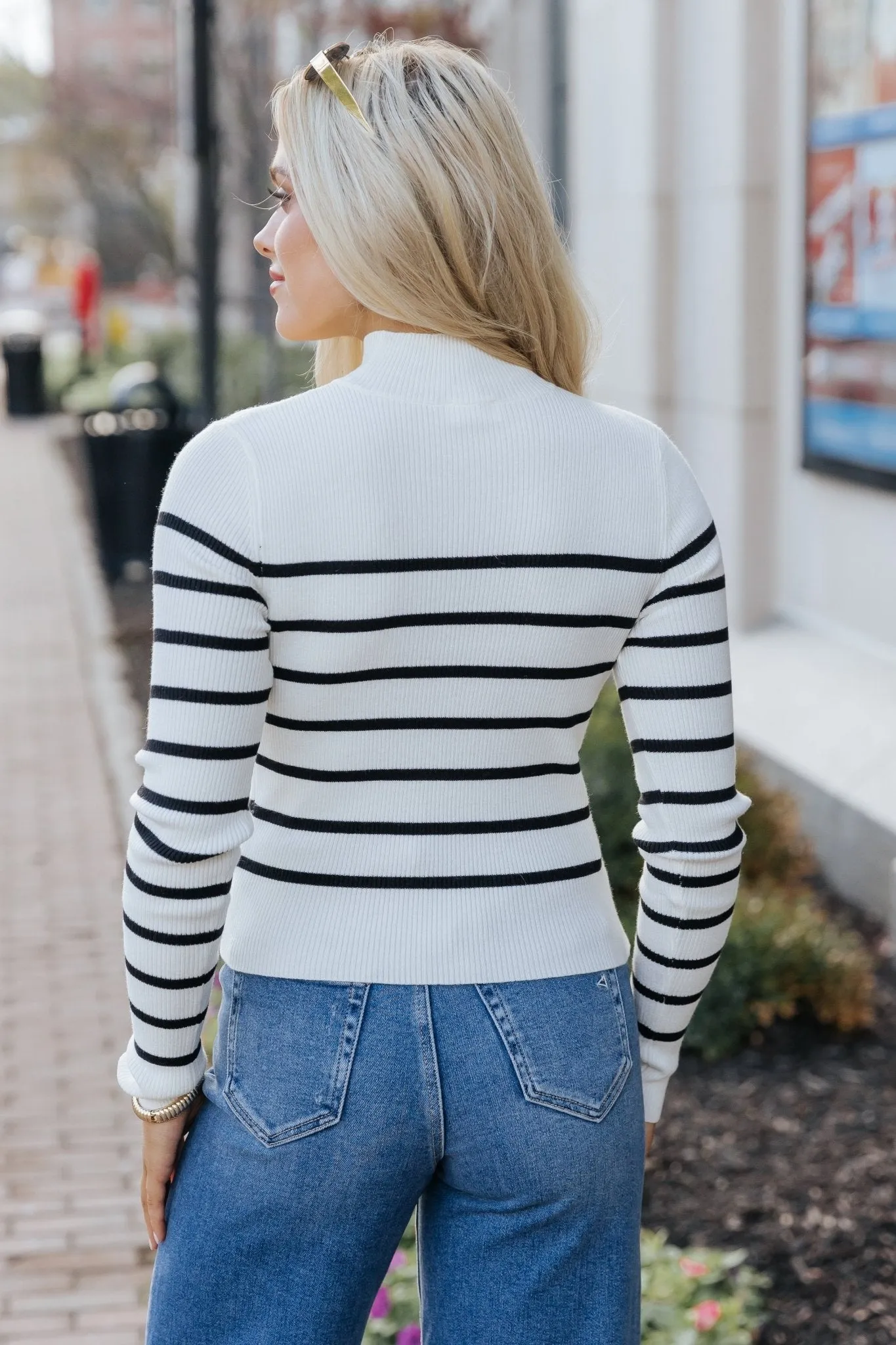 Cream and Black Striped Mock Neck Top - DOORBUSTER