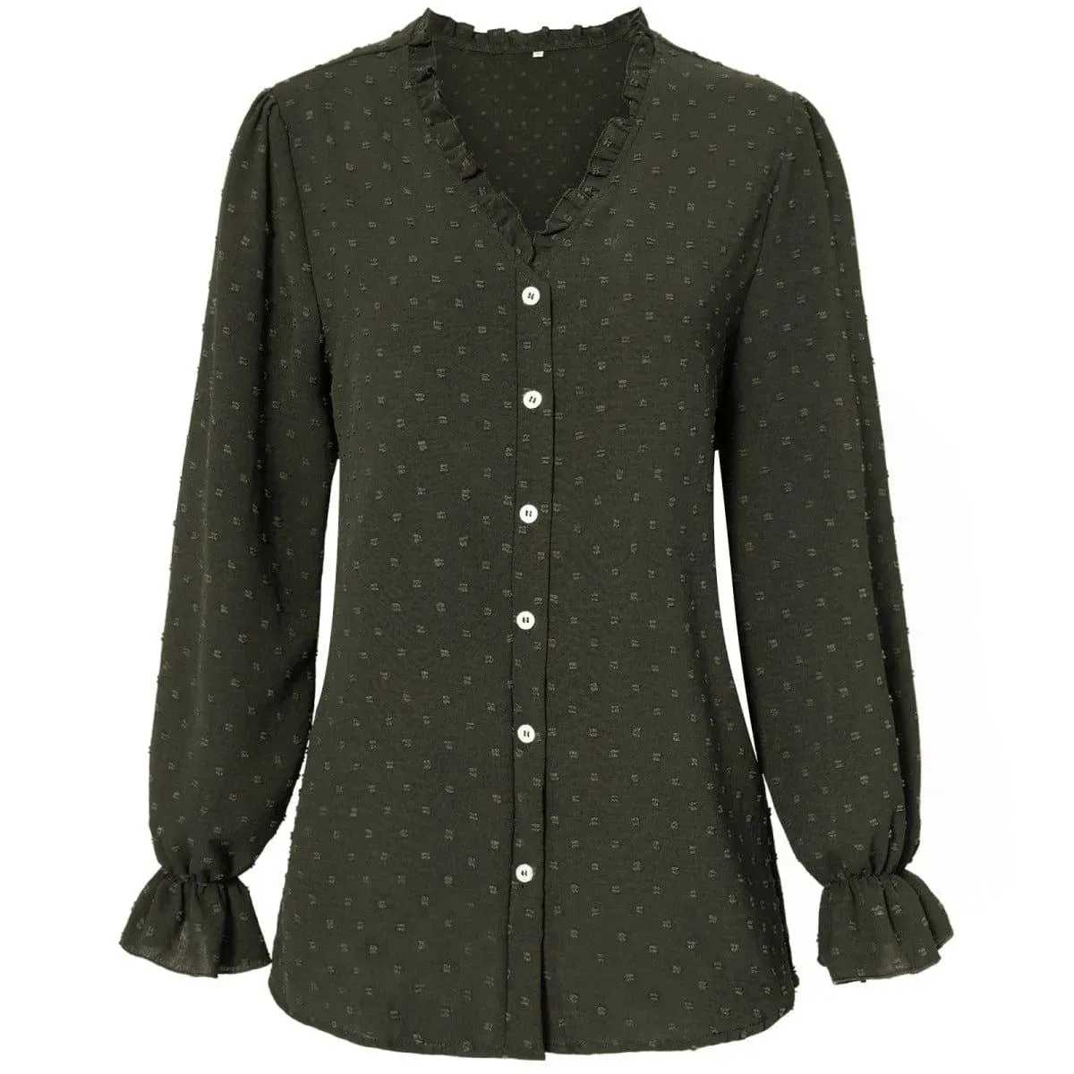 Frill Trim Button Up Swiss Dot Puff Sleeve Shirt