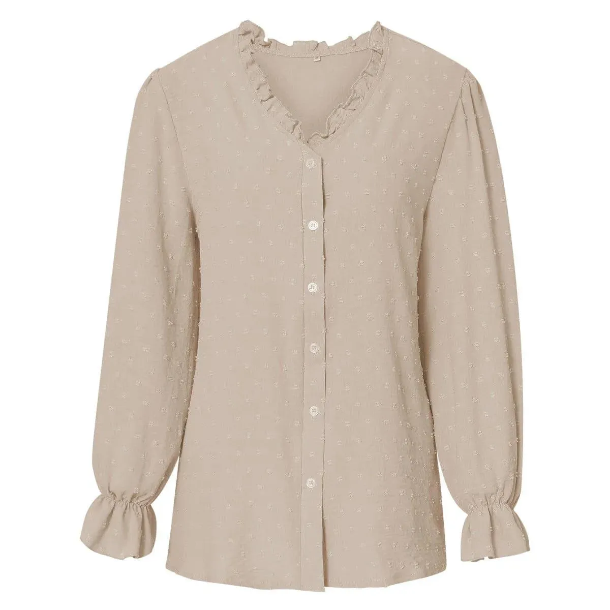 Frill Trim Button Up Swiss Dot Puff Sleeve Shirt