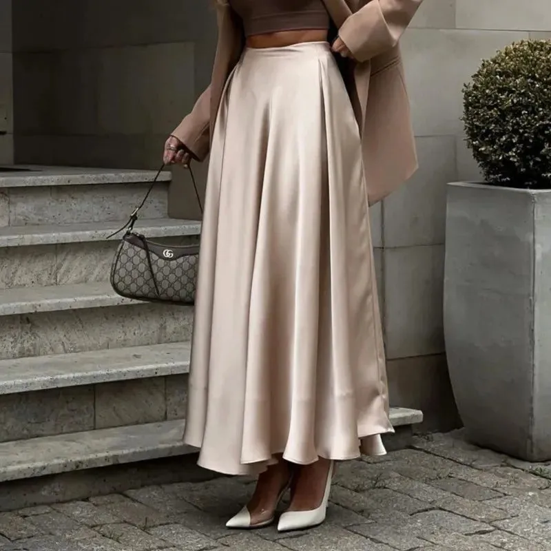 Girlary Elegant Solid Satin Long Skirt 2024 New Summer Lady Casual Simple Elastic Waist Loose Faldas Bottom Fashion Chic Maxi Skirts