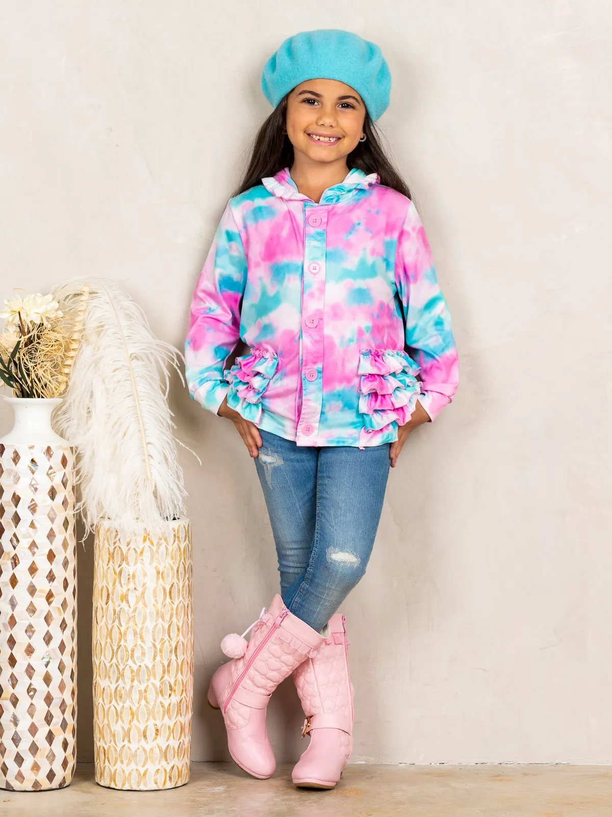 Girls Buttoned Ruffled Tie Dye Hoodie