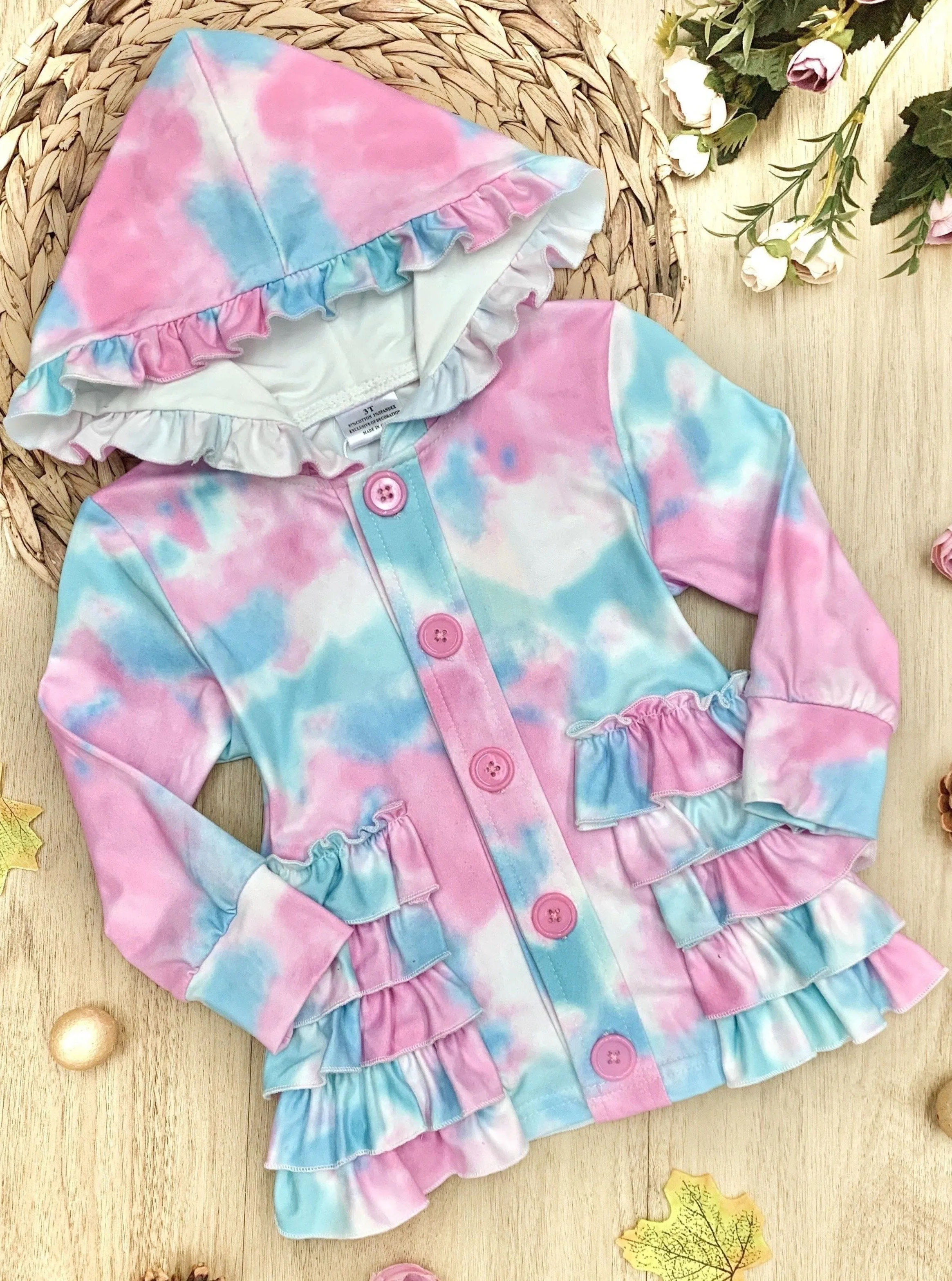 Girls Buttoned Ruffled Tie Dye Hoodie