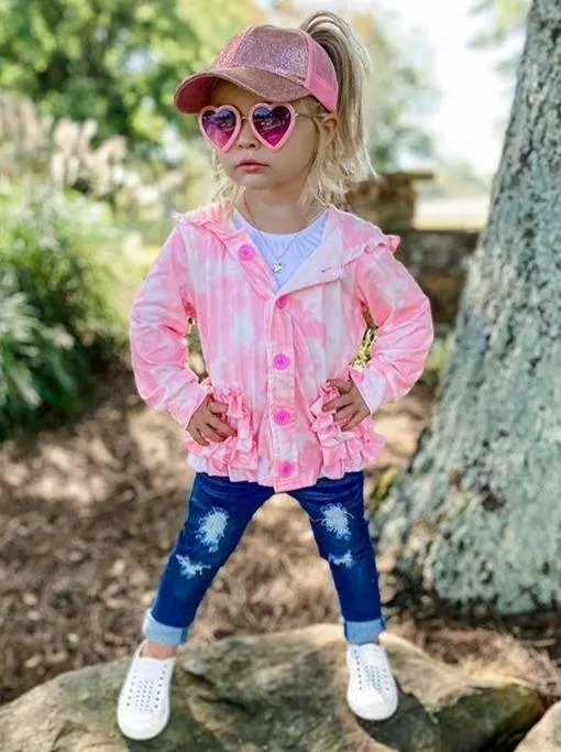 Girls Buttoned Ruffled Tie Dye Hoodie