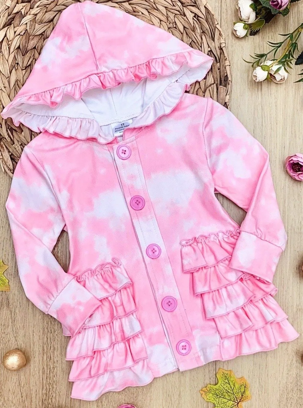 Girls Buttoned Ruffled Tie Dye Hoodie