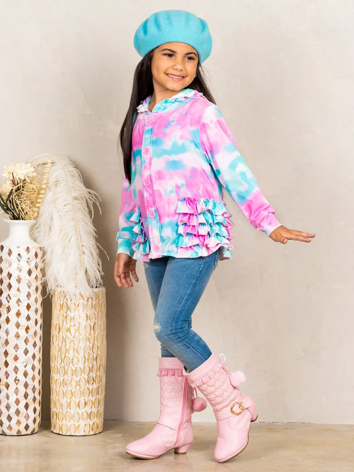 Girls Buttoned Ruffled Tie Dye Hoodie