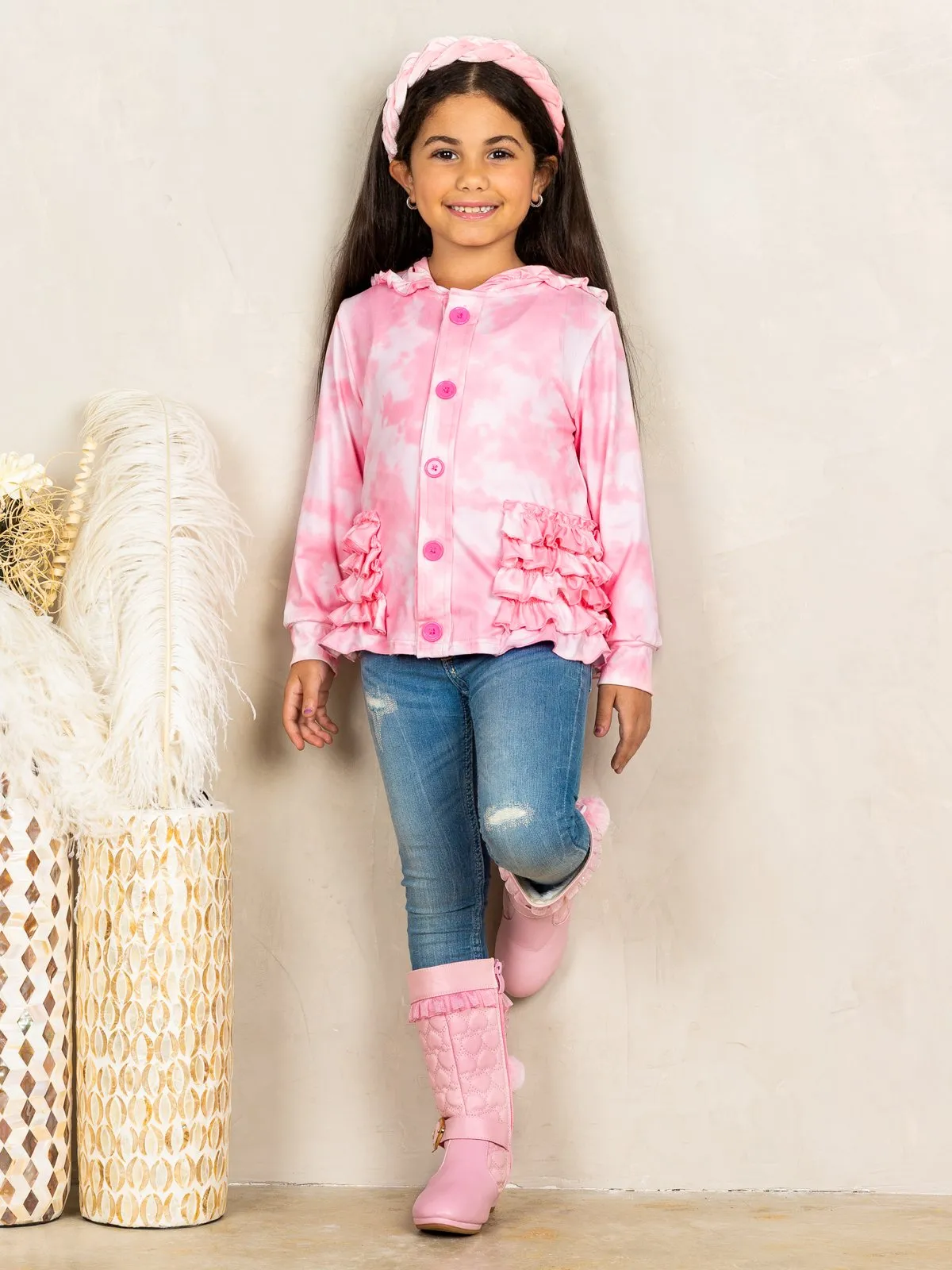 Girls Buttoned Ruffled Tie Dye Hoodie