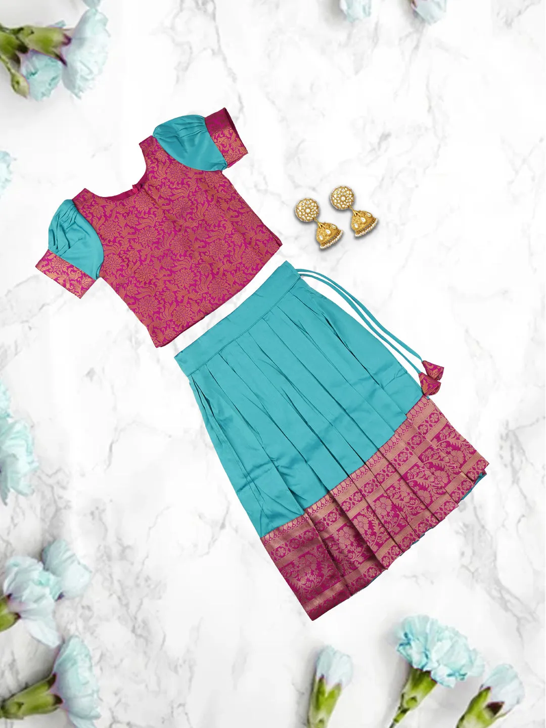 Girls Elegant Pattu Pavadai set Green with Magenta - GPS03