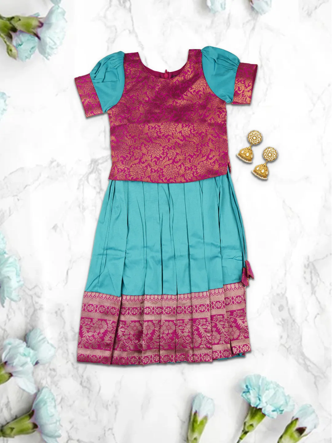 Girls Elegant Pattu Pavadai set Green with Magenta - GPS03