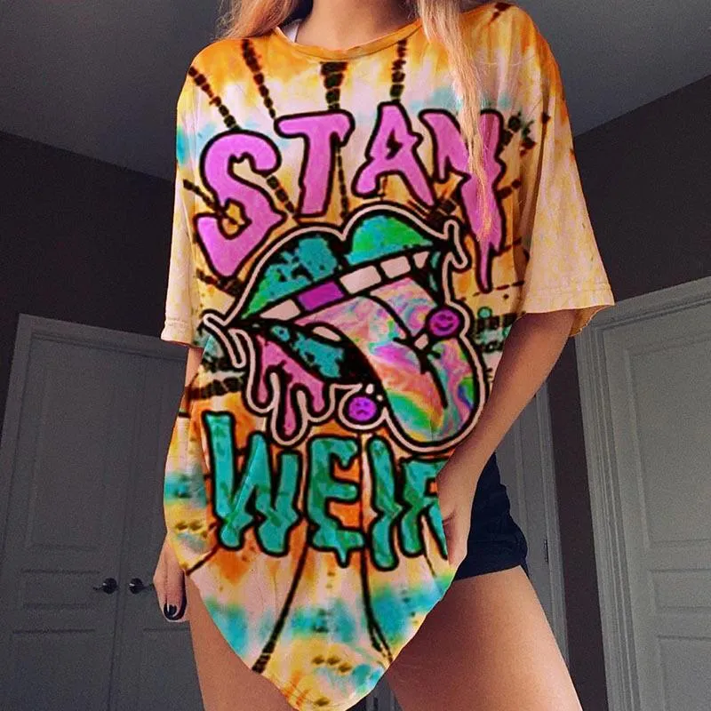 Graffiti print short-sleeved mid-length loose-fitting trendy street women's T-shirt