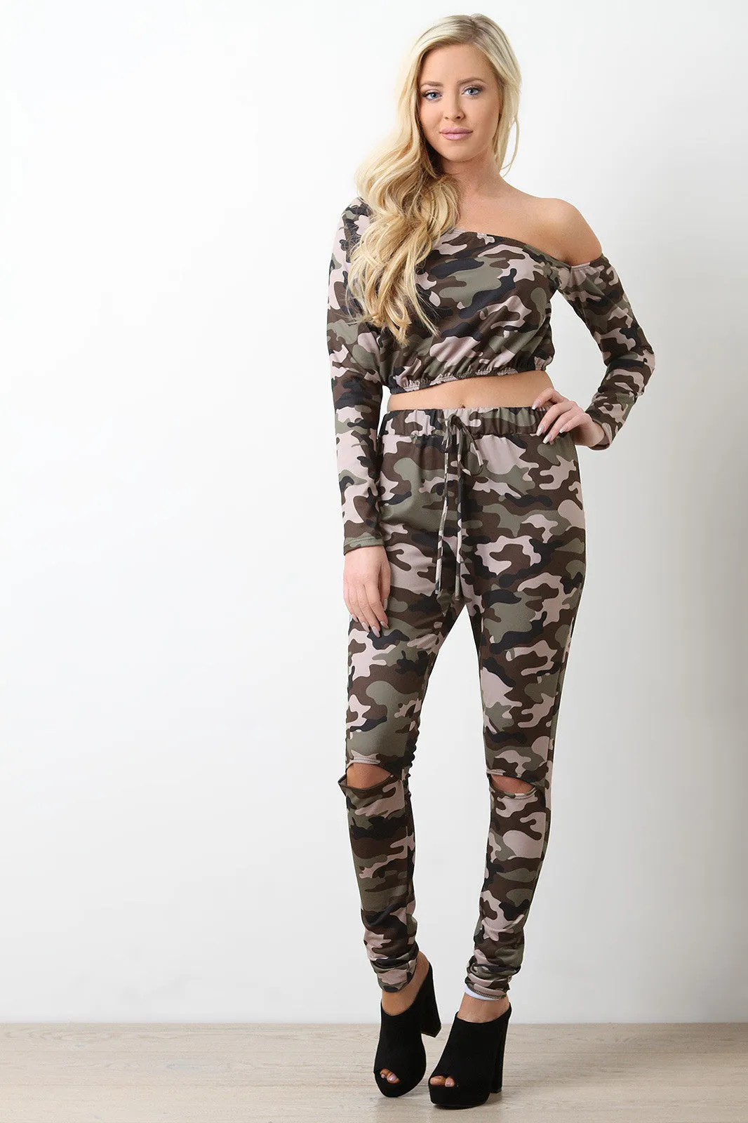 High Waisted Camouflage Slit Knees Jogger Pants