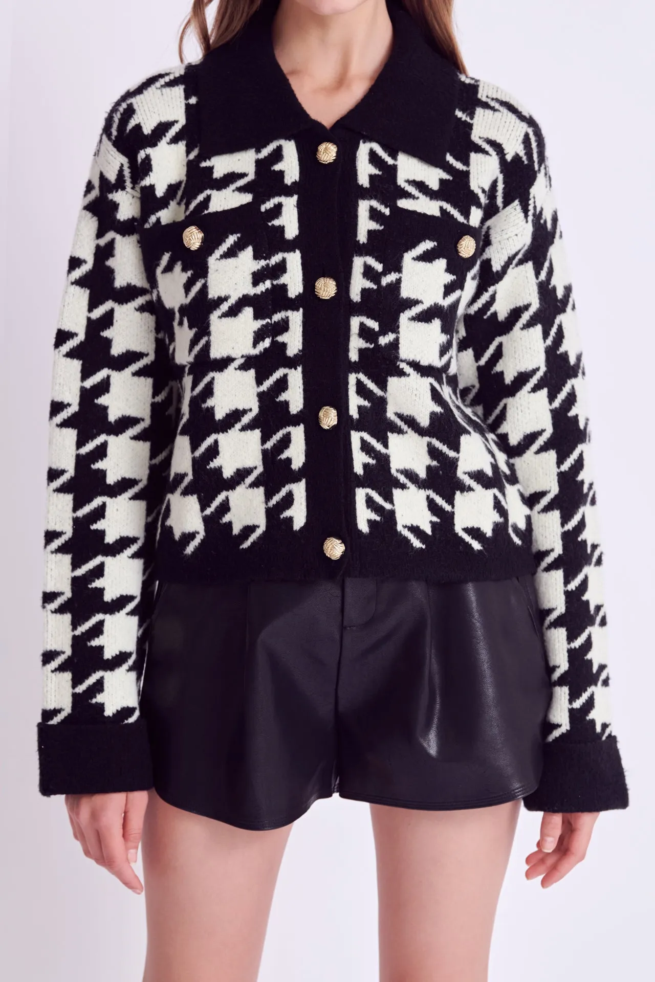 Houndstooth Collared Cardigan