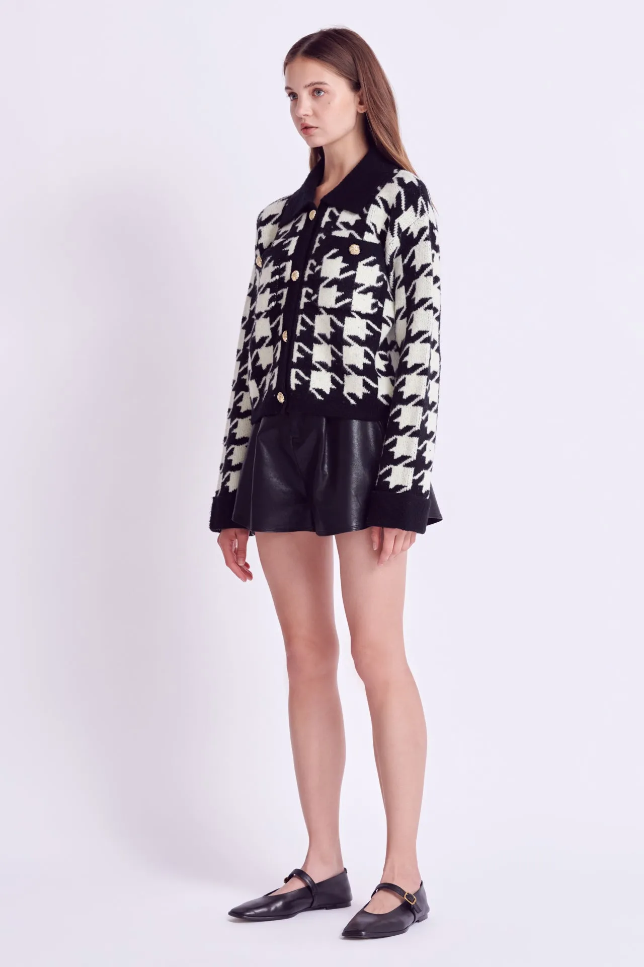 Houndstooth Collared Cardigan