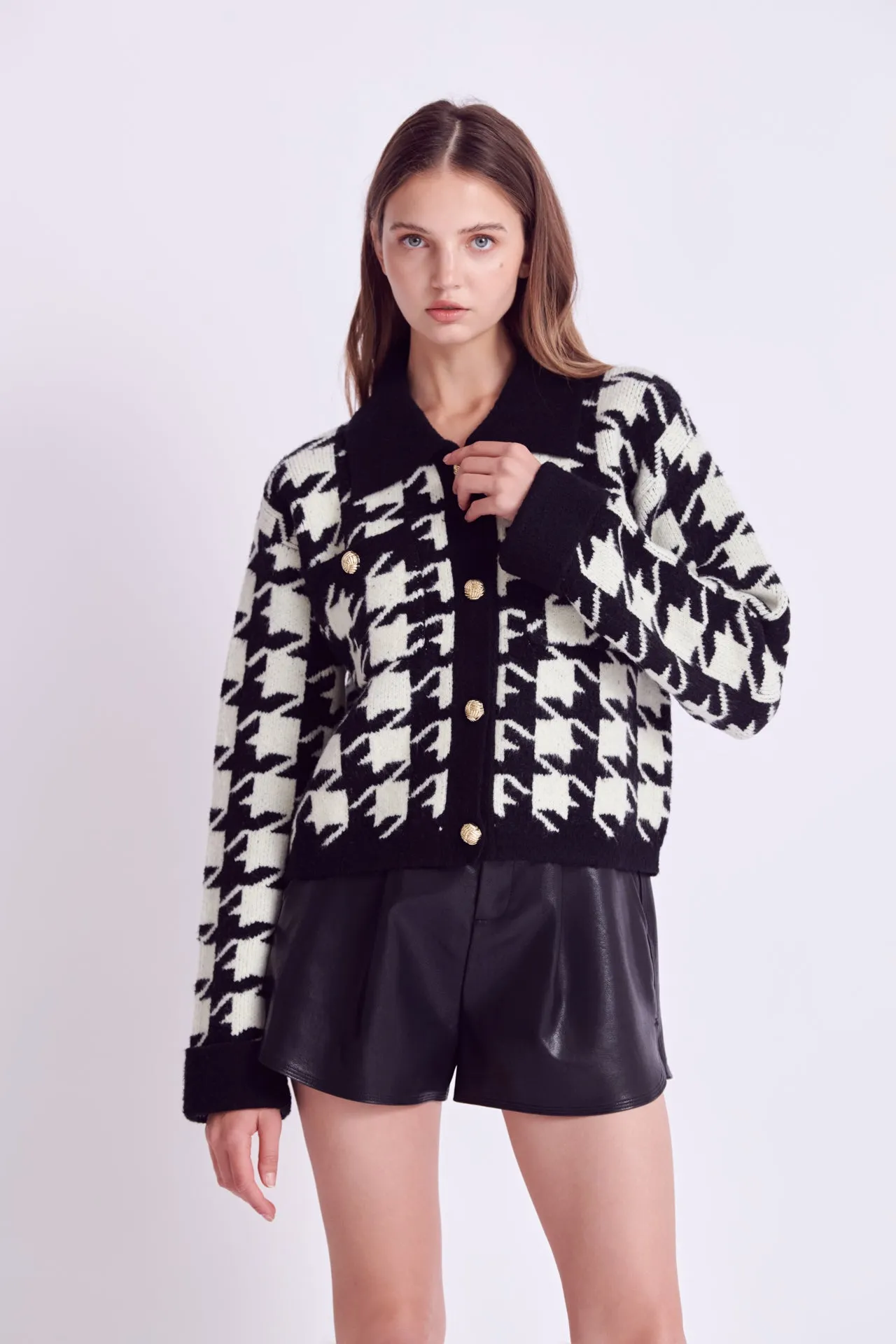 Houndstooth Collared Cardigan