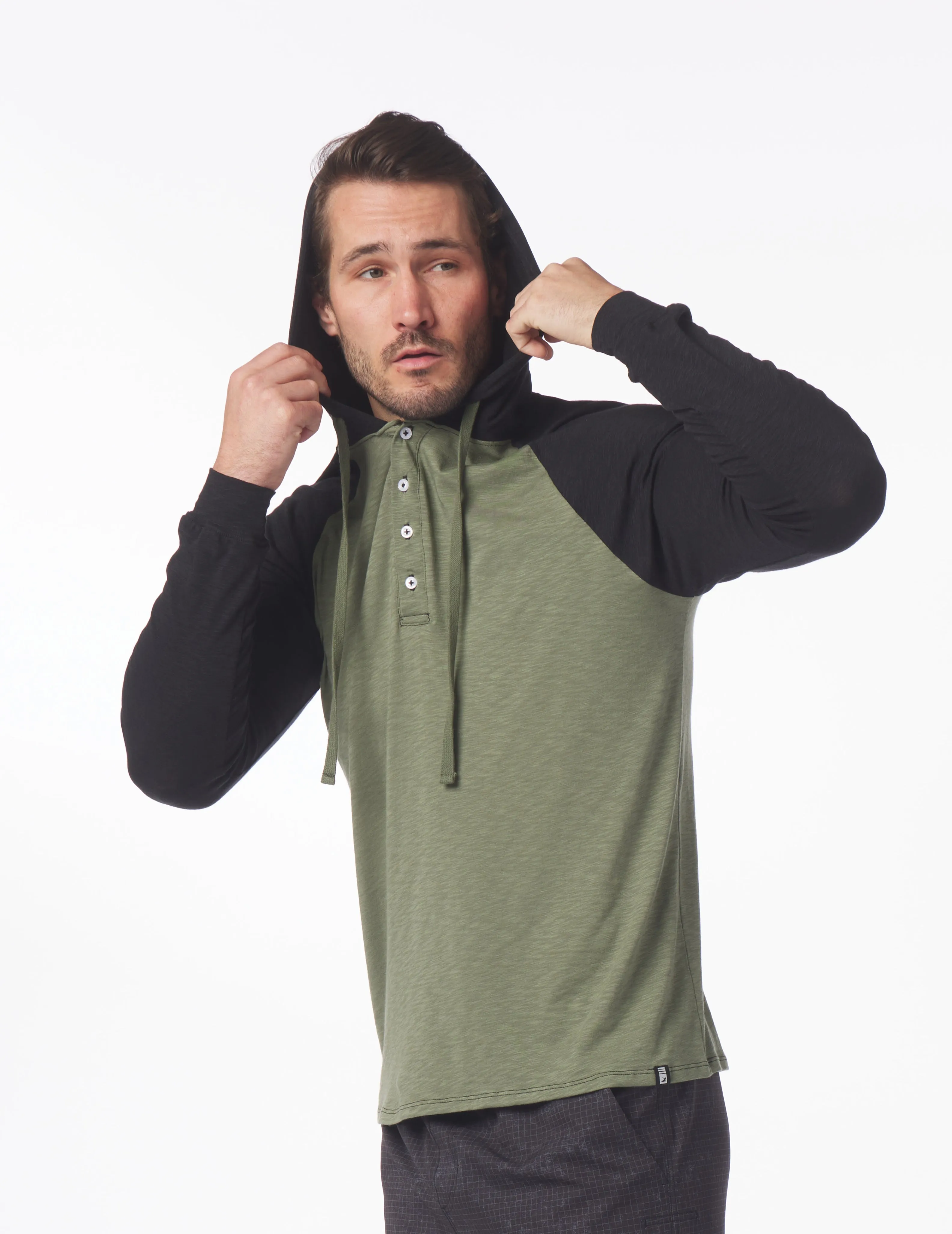 Low Tide Henley Hoodie: Moss/Black