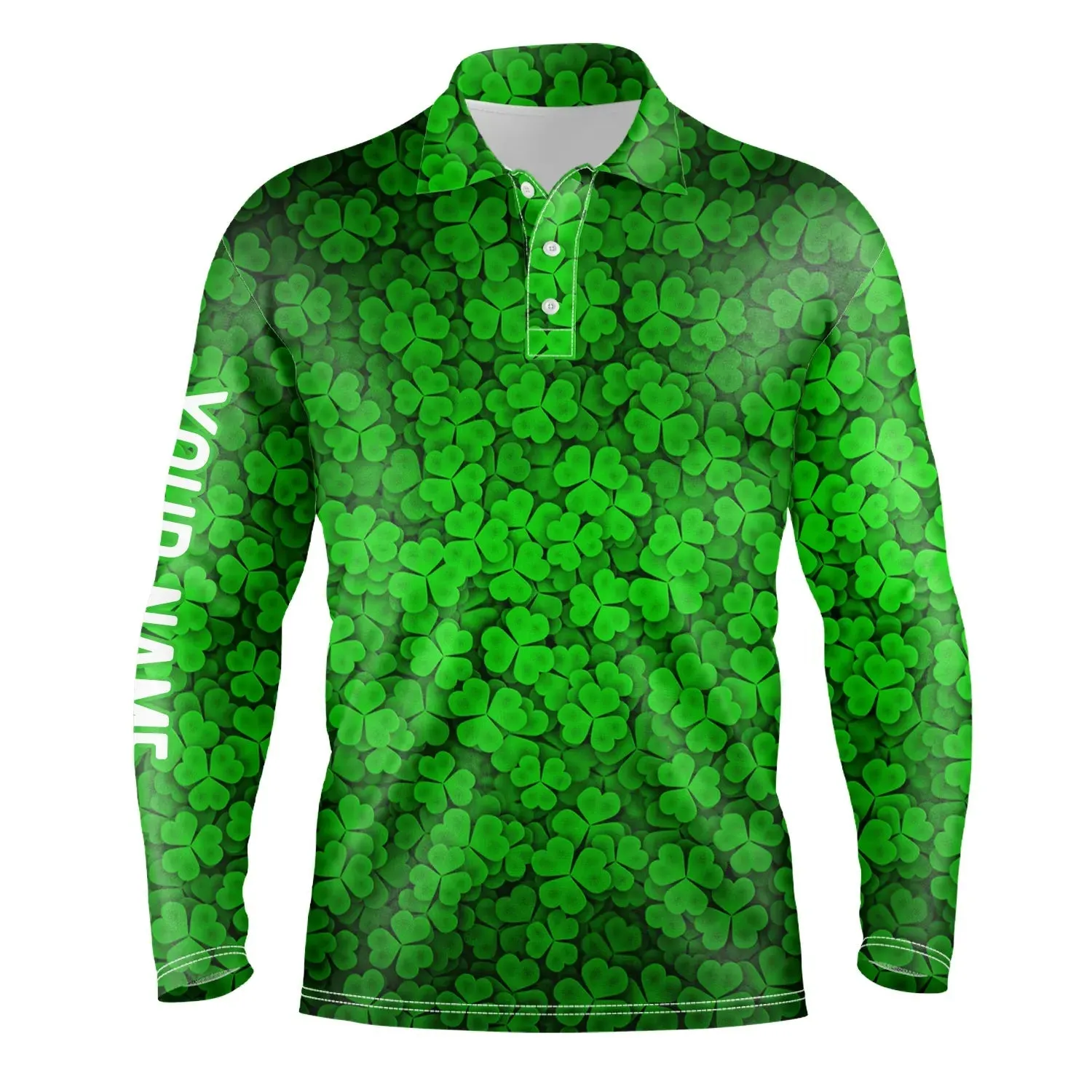 Mens Golf Long Sleeve Polo Shirts Green Clover St Patrick's Day Pattern Golf Shirts Custom Team Golf Polo