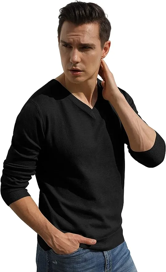 Men's V-Neck Casual Sweater Structured Knit Pullover - Black