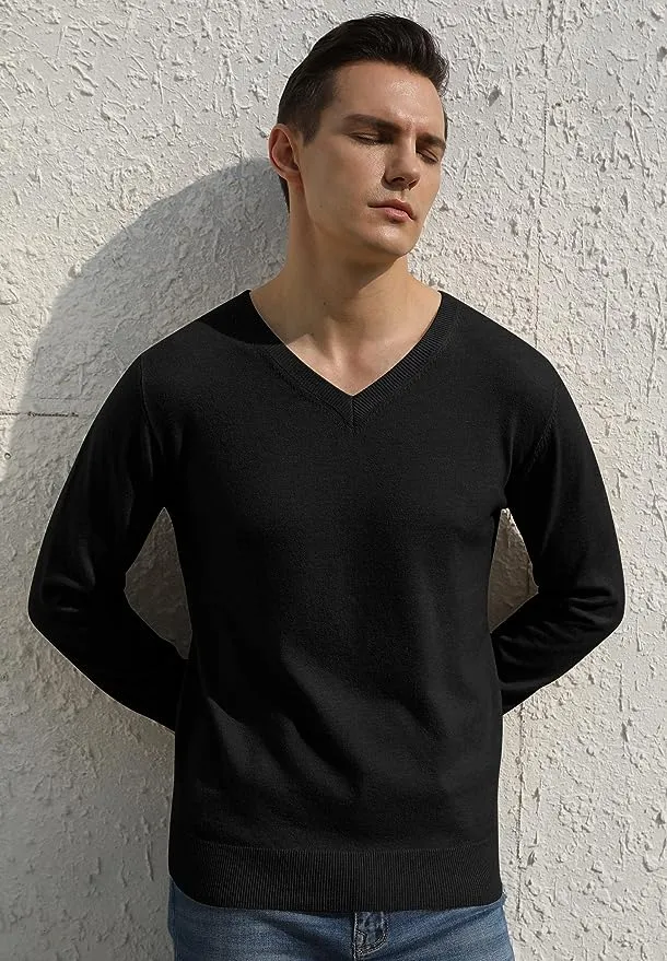 Men's V-Neck Casual Sweater Structured Knit Pullover - Black