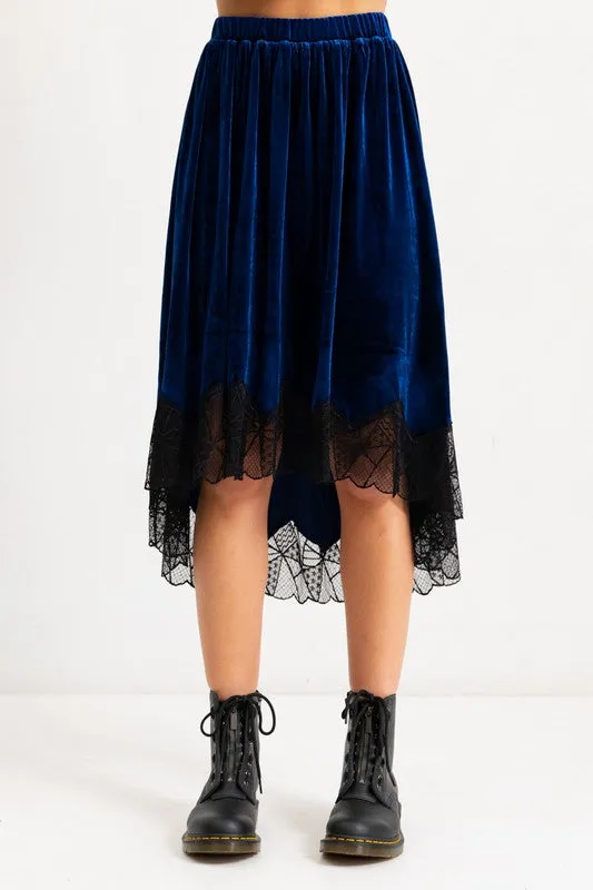 Navy Blue Velvet Elastic Waistband Hi-Low Midi Skirt W Lace