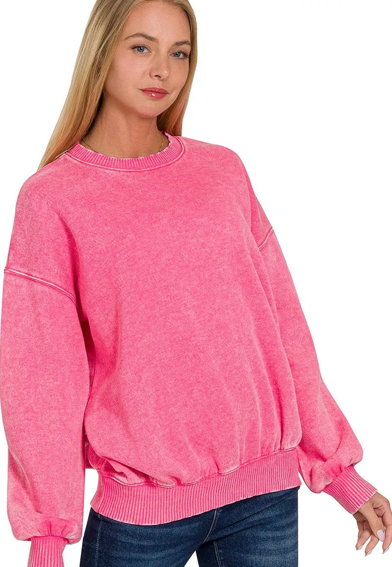 Oversized Acid Washed Sweater Top in Fuchsia