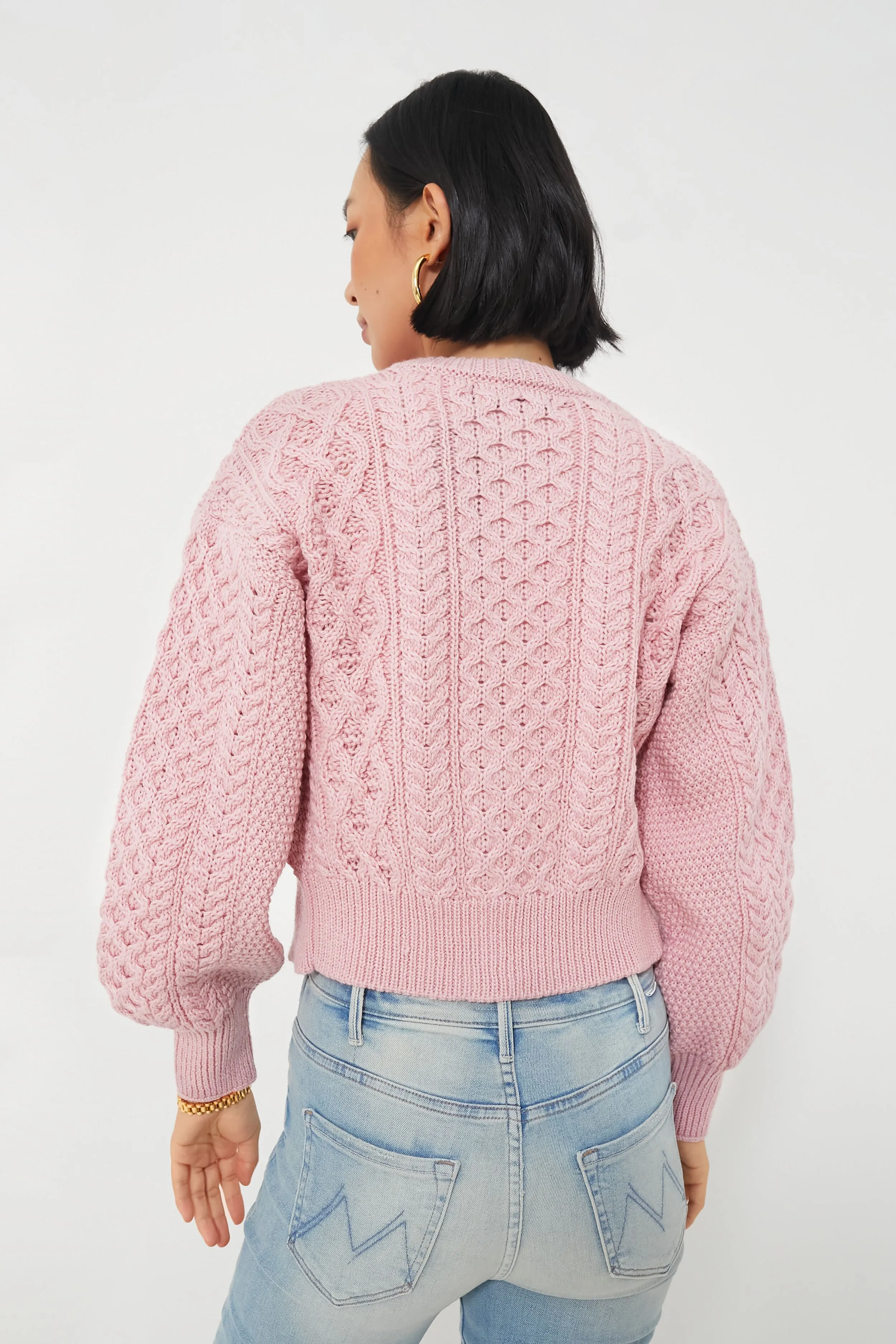 Pale Pink Clover Cropped Aran Cardigan