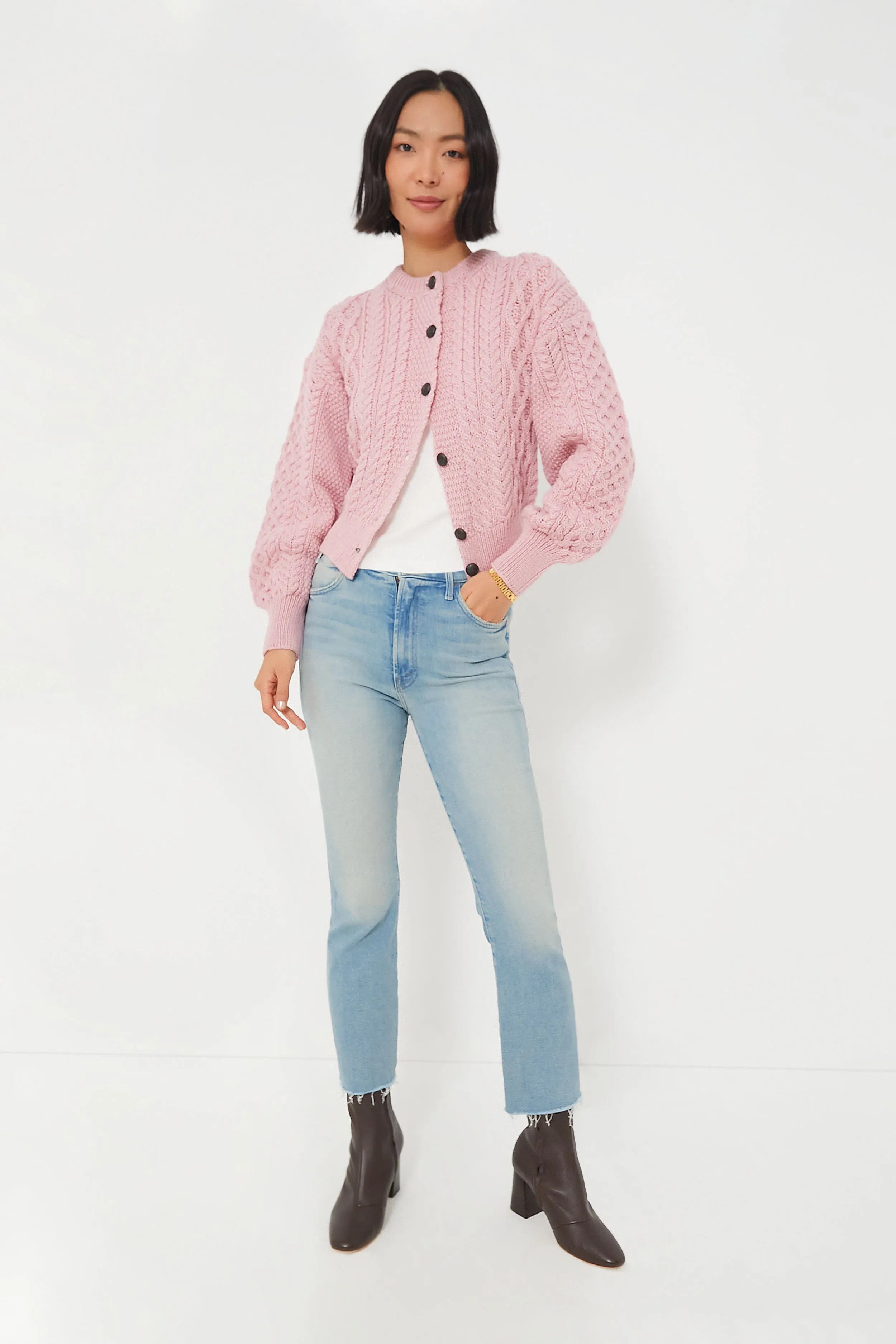 Pale Pink Clover Cropped Aran Cardigan