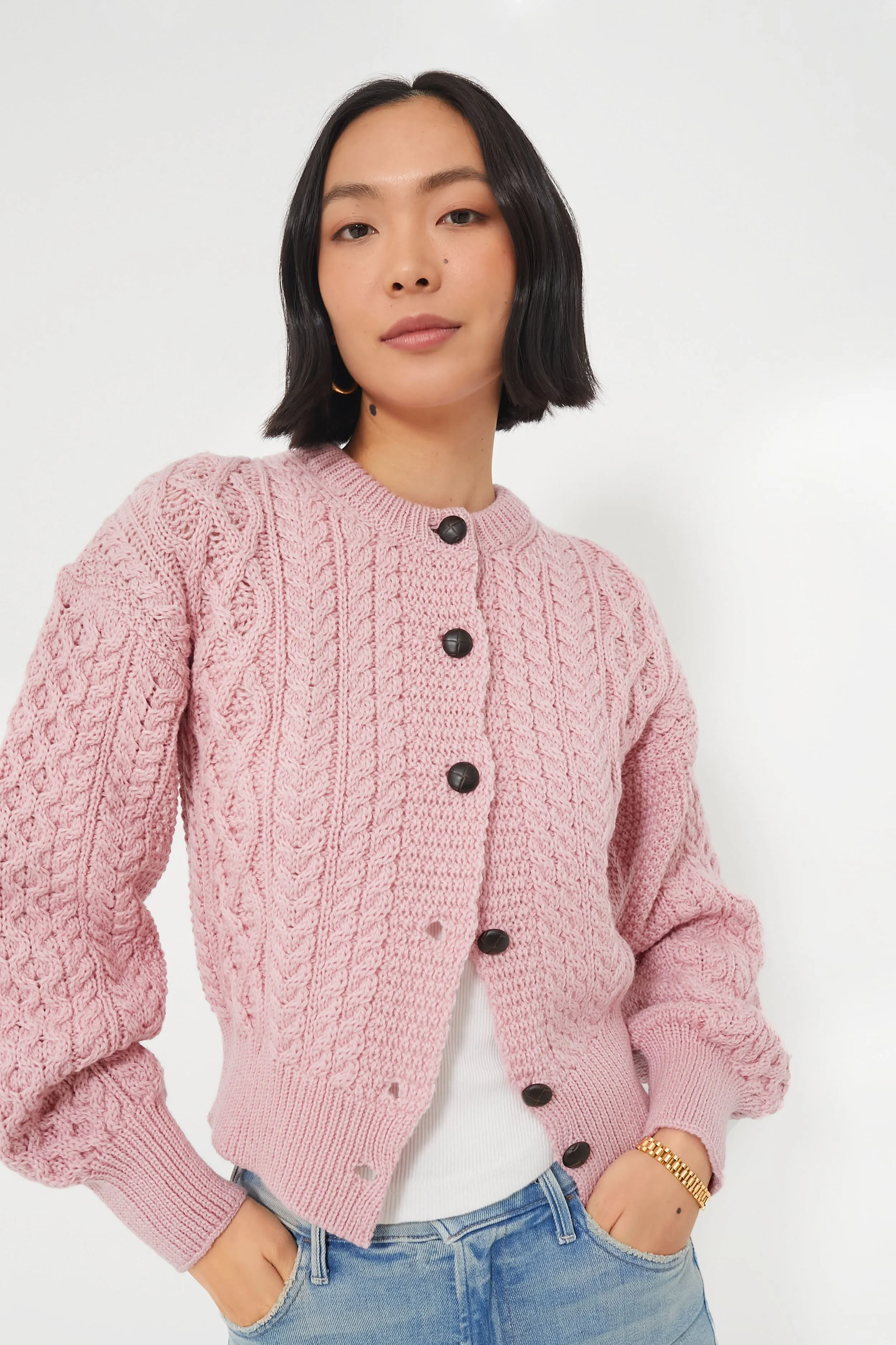 Pale Pink Clover Cropped Aran Cardigan