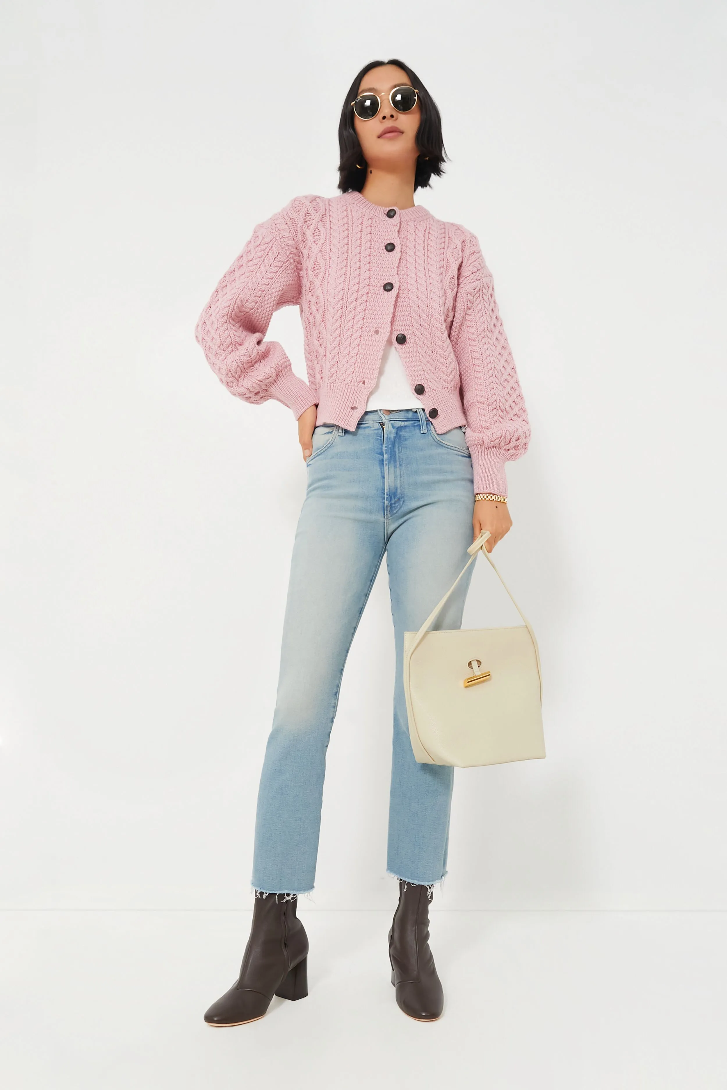 Pale Pink Clover Cropped Aran Cardigan