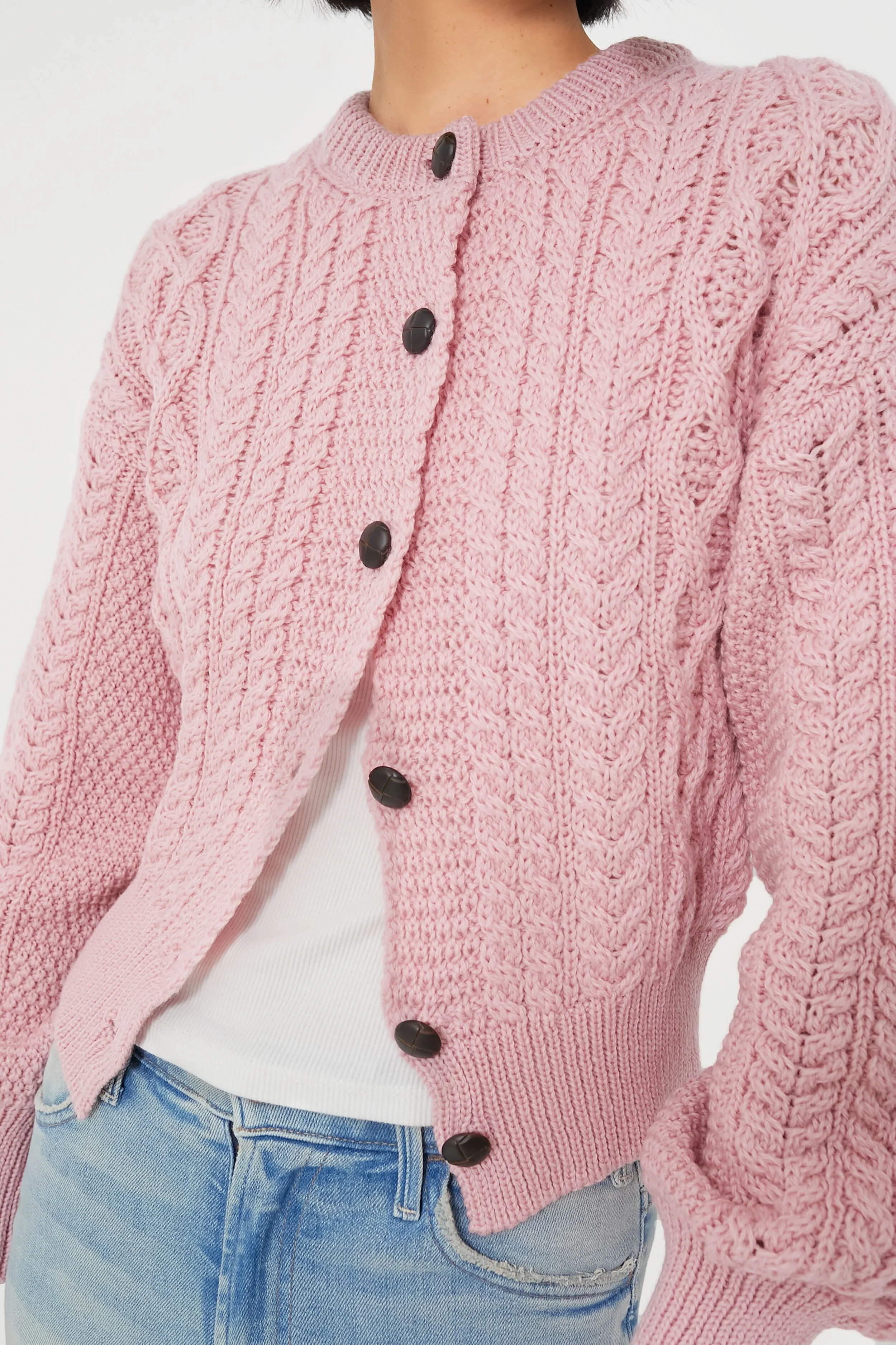 Pale Pink Clover Cropped Aran Cardigan