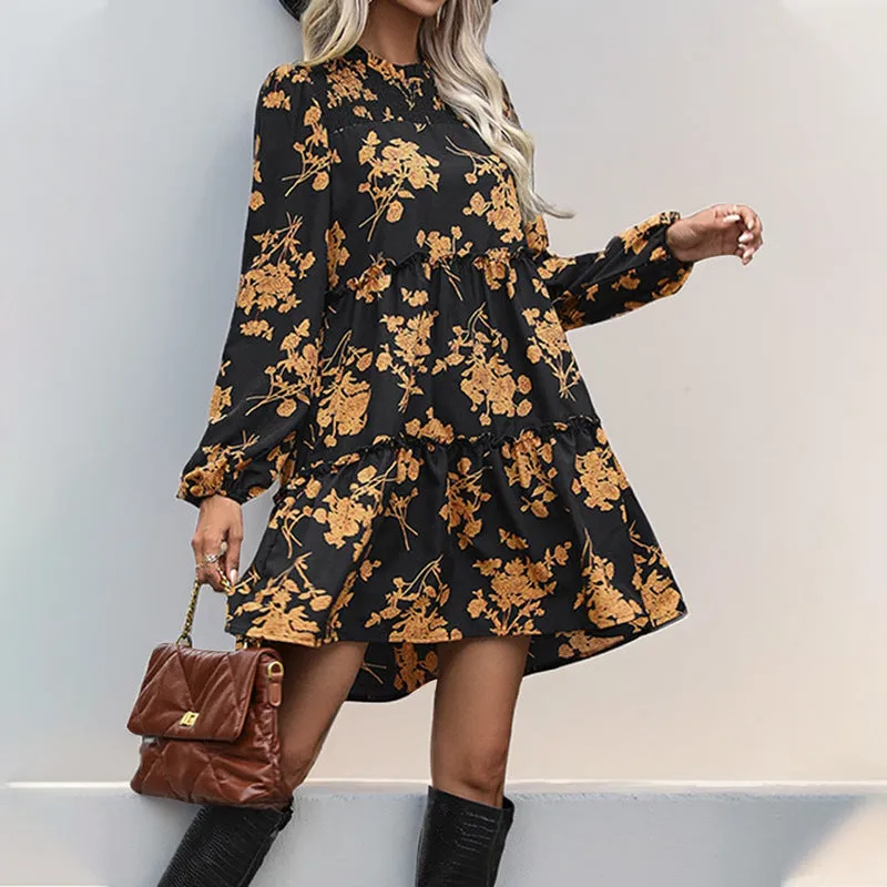 PEOPLETERRITORY New  autumn new collection retro print dress temperament elegant commuter versatile women's skirt