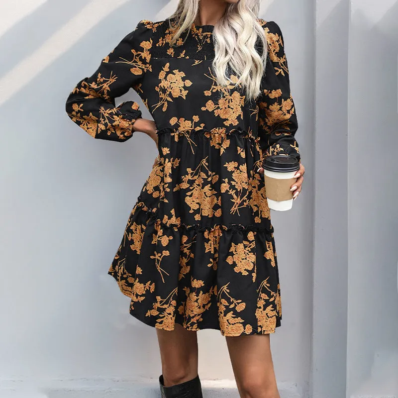 PEOPLETERRITORY New  autumn new collection retro print dress temperament elegant commuter versatile women's skirt