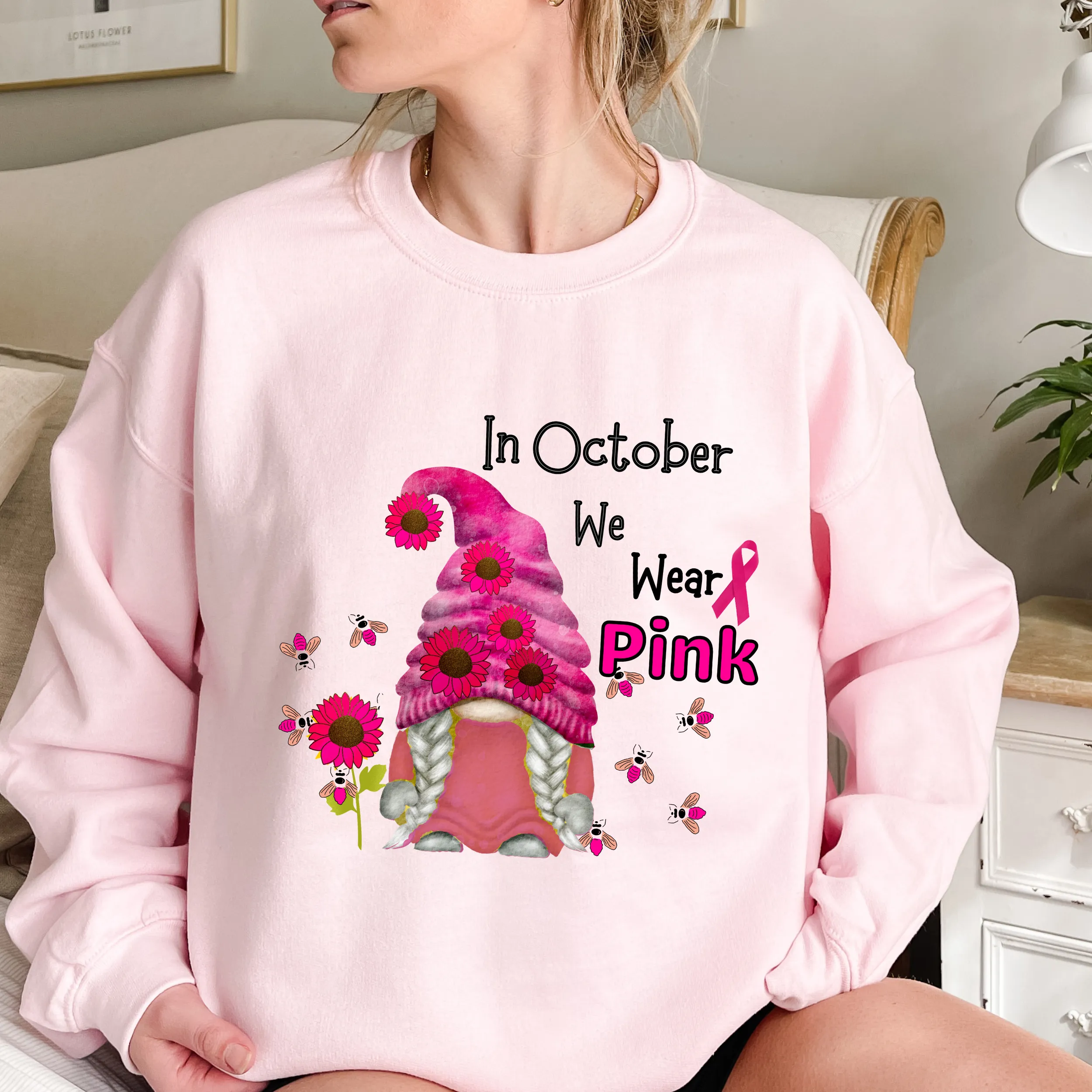 Pink October Sweatshirt In October We Wear Pink Gnome Bumblebees Sunflowers Crewneck Women's Breast Cancer Awareness Fall Cancer Pullover