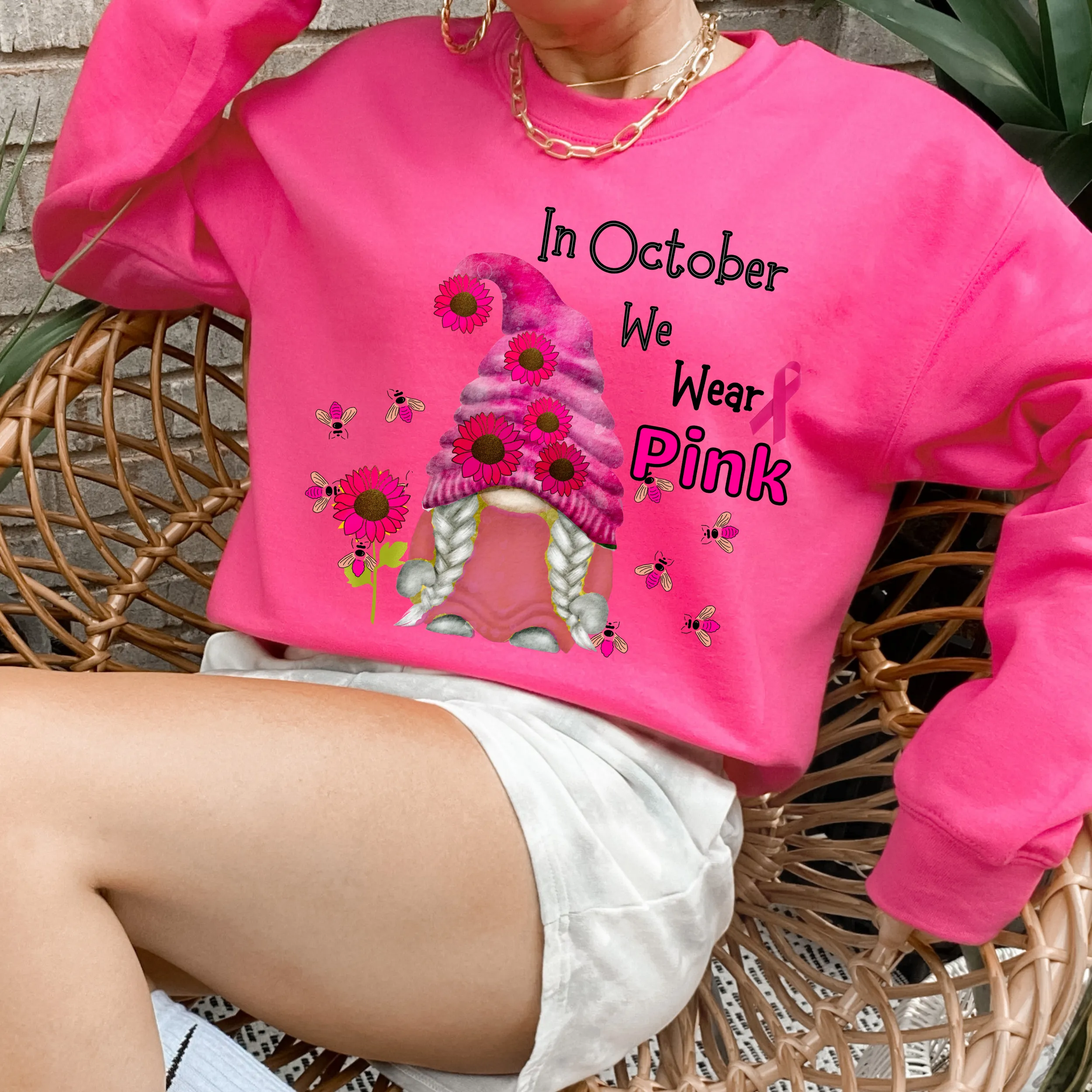 Pink October Sweatshirt In October We Wear Pink Gnome Bumblebees Sunflowers Crewneck Women's Breast Cancer Awareness Fall Cancer Pullover