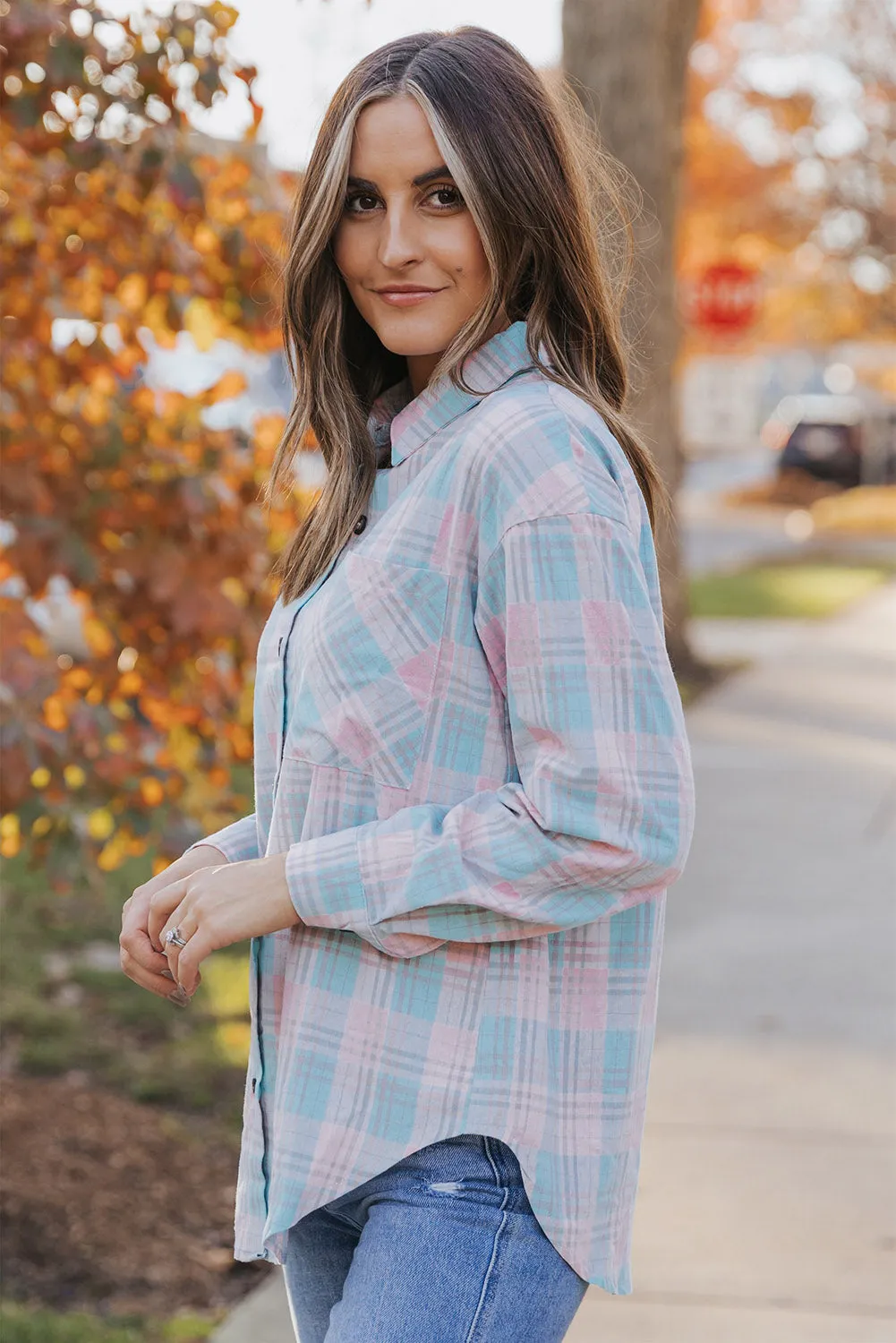 Plaid Button-Up Dropped Shoulder Shirt