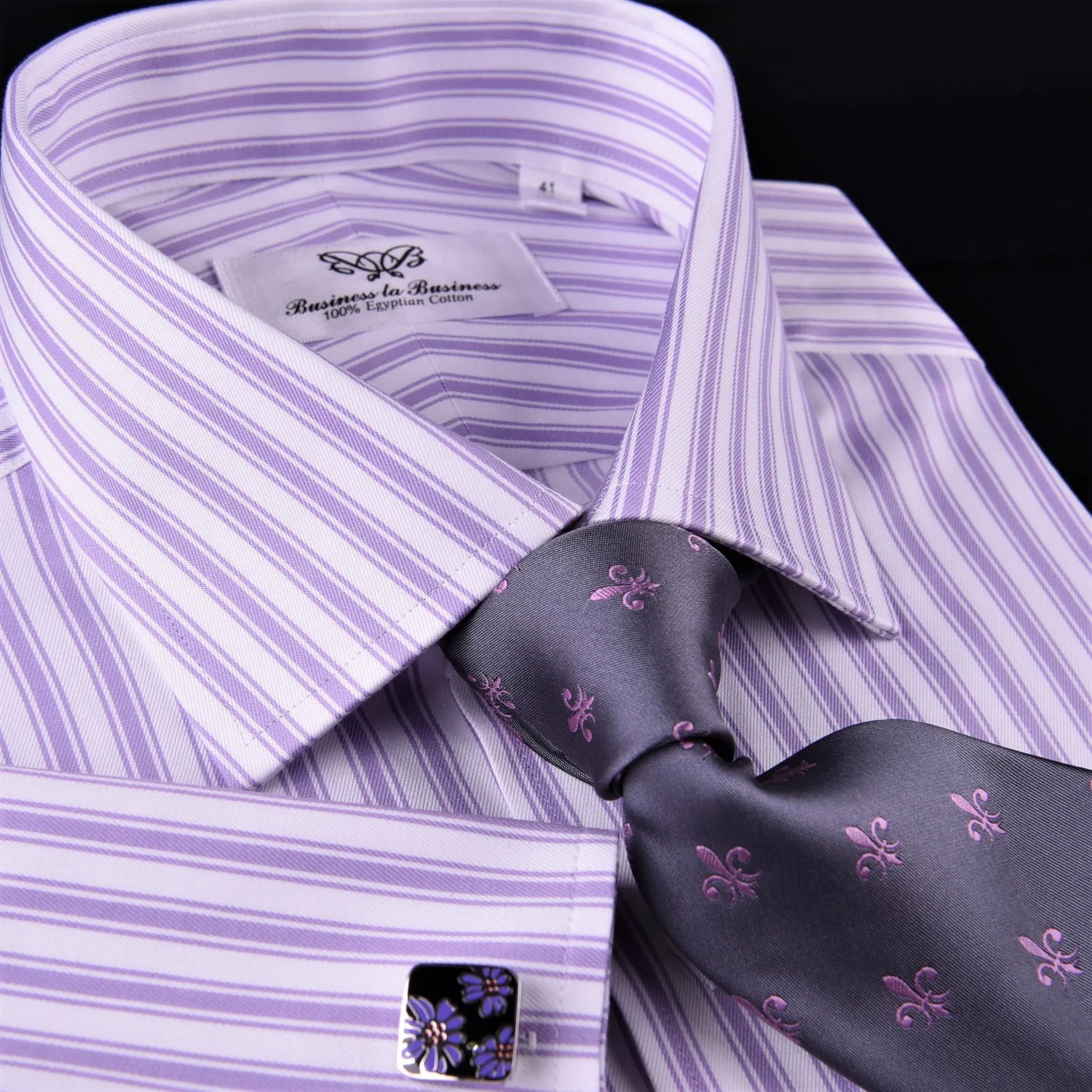 Purple Dual Striped Men's Twill Formal Dress Shirt Luxury Business Boss Fashion in French Cuff with Spread Collar