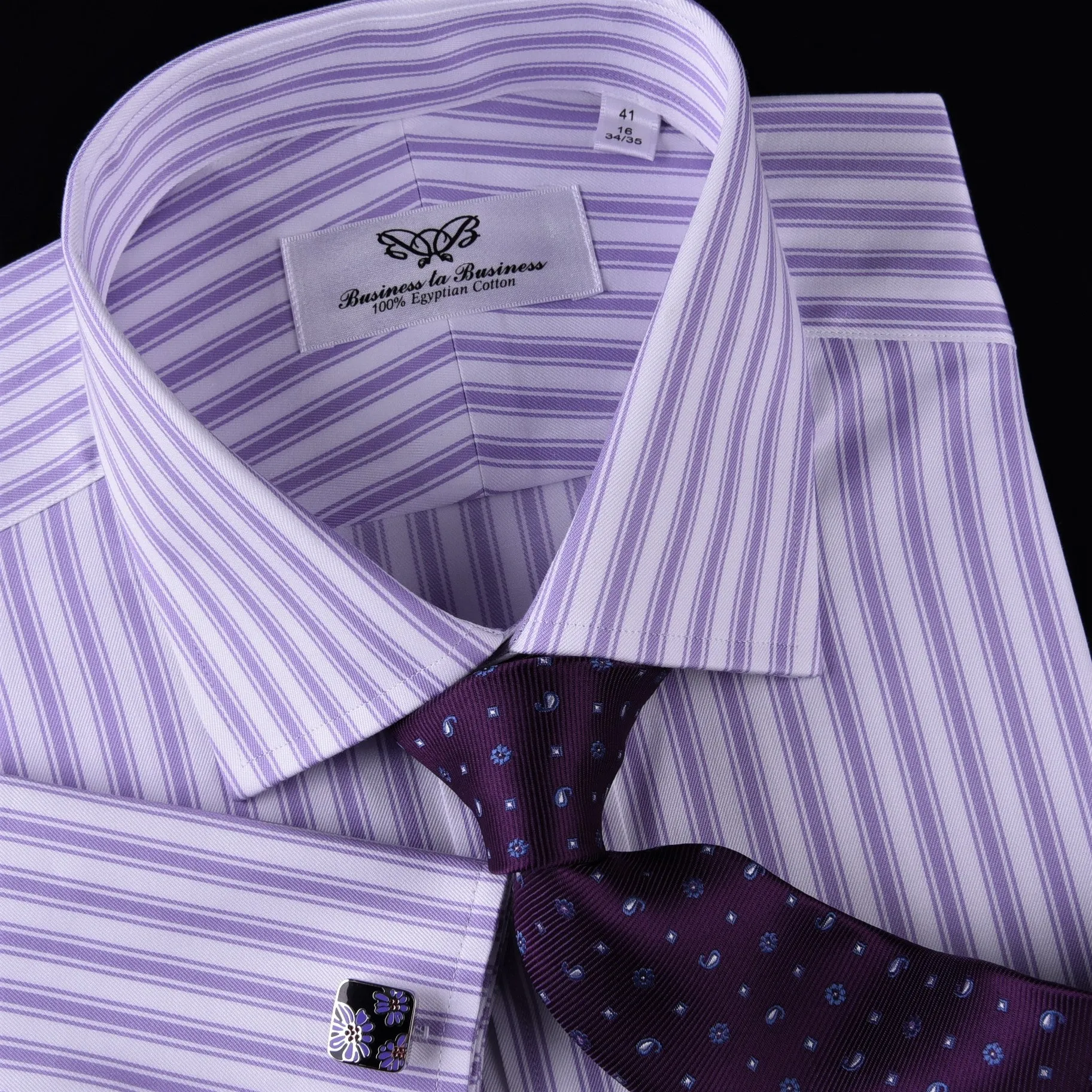 Purple Dual Striped Men's Twill Formal Dress Shirt Luxury Business Boss Fashion in French Cuff with Spread Collar