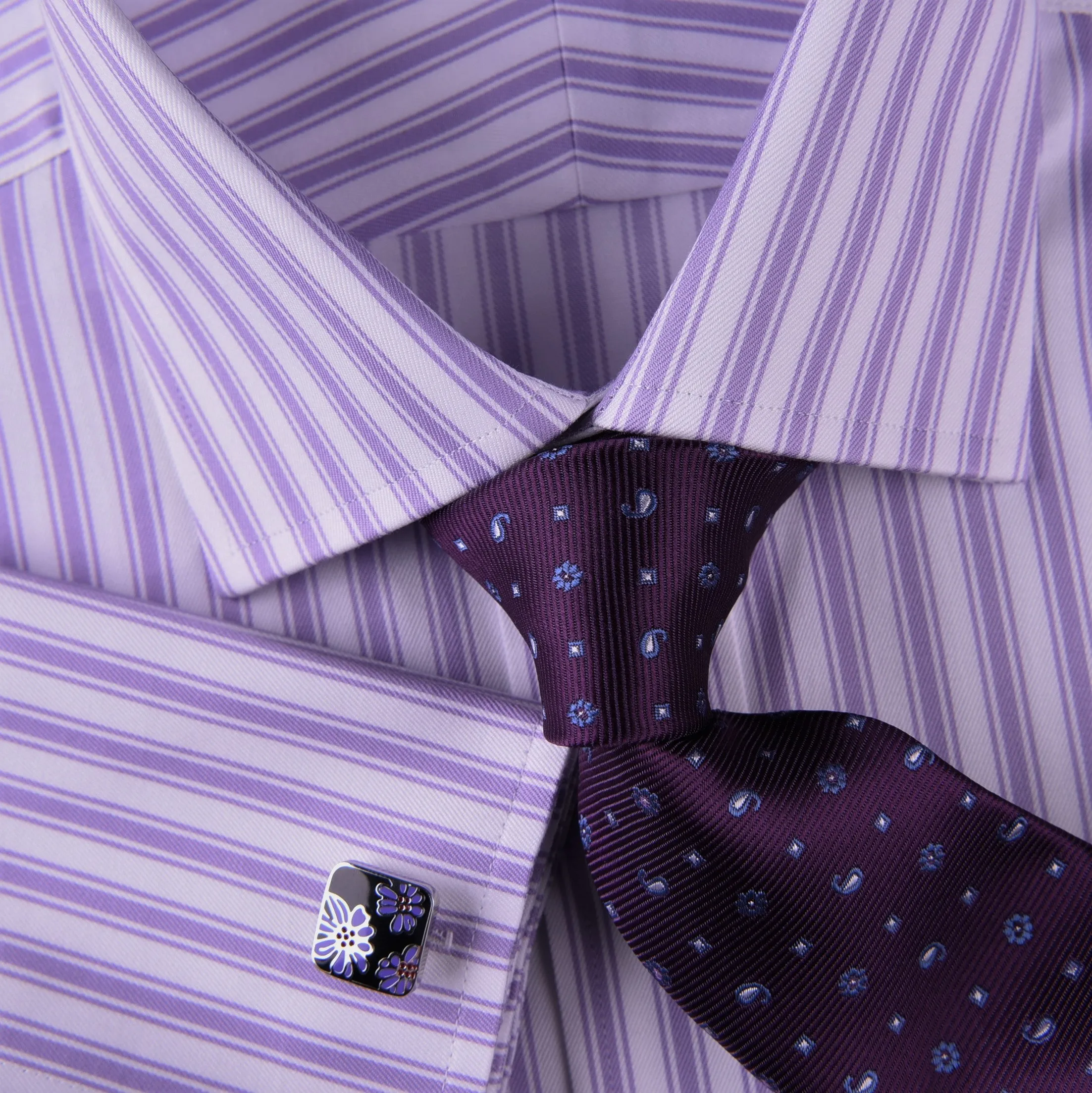 Purple Dual Striped Men's Twill Formal Dress Shirt Luxury Business Boss Fashion in French Cuff with Spread Collar