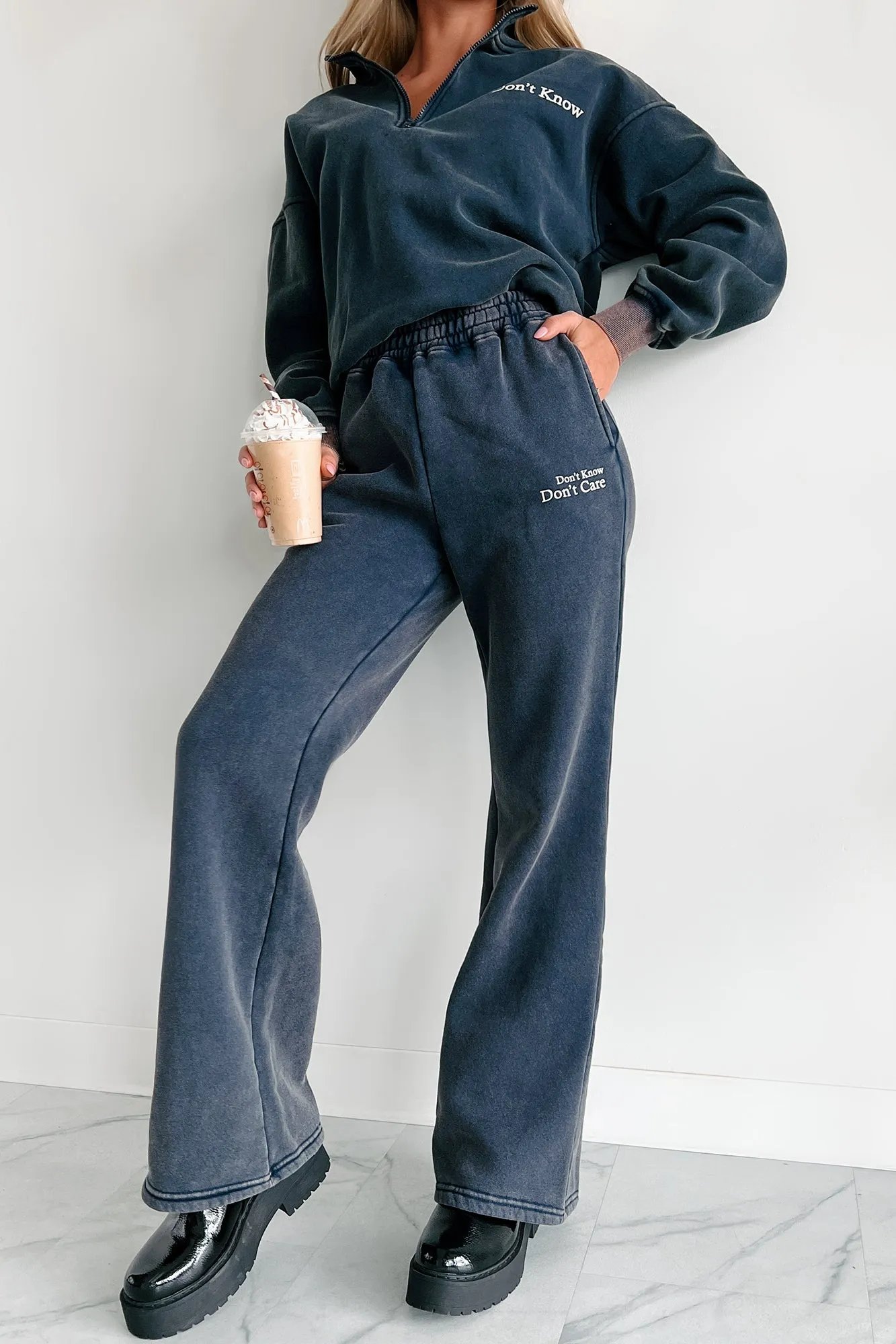 "Don't Know, Don't Care" Acid Wash Sweatpants (Navy)