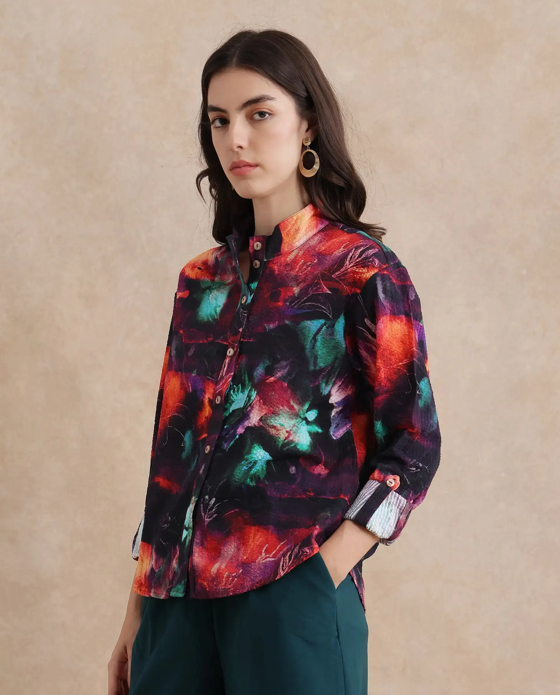 Rareism Women Peptid Multi Cuffed Sleeve Collared Neck Button Closure Abstract Print Top